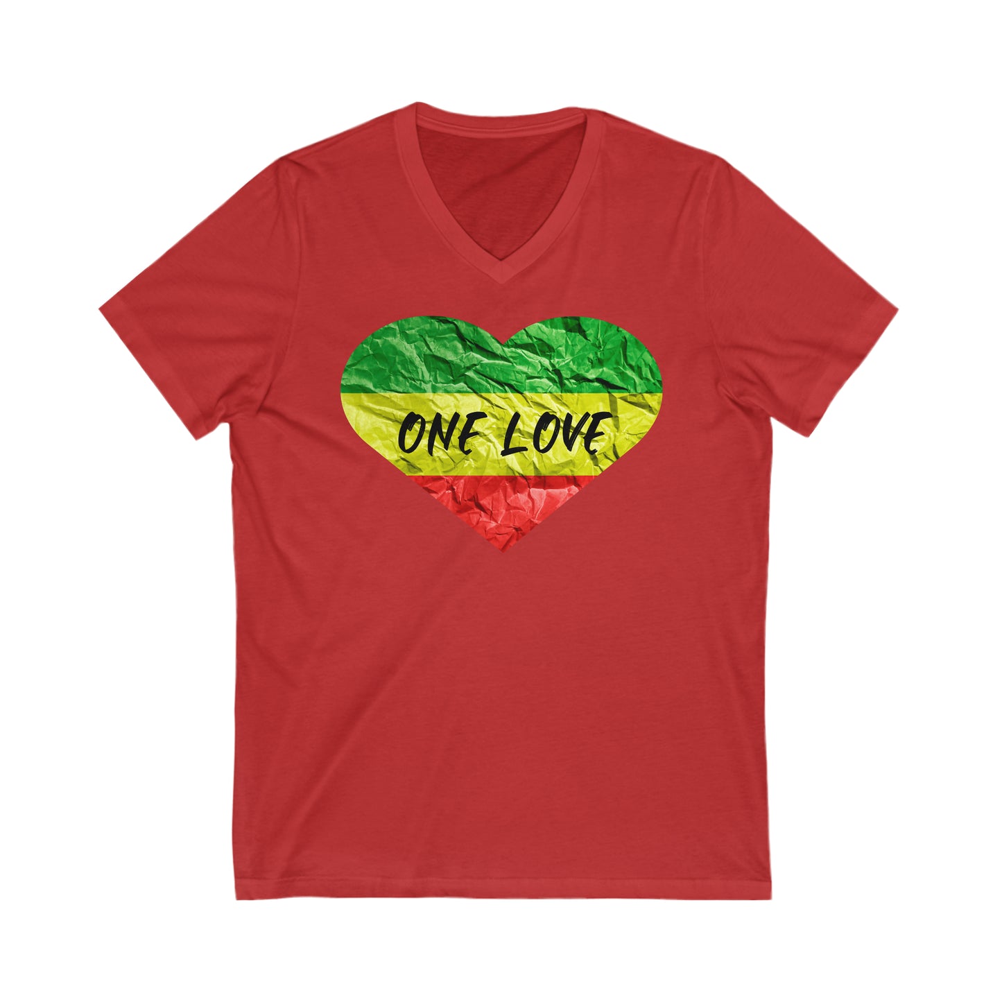 ONE LOVE RASTAH COLOR HEART DESIGN ROOTS V NECK TEE SHIRT