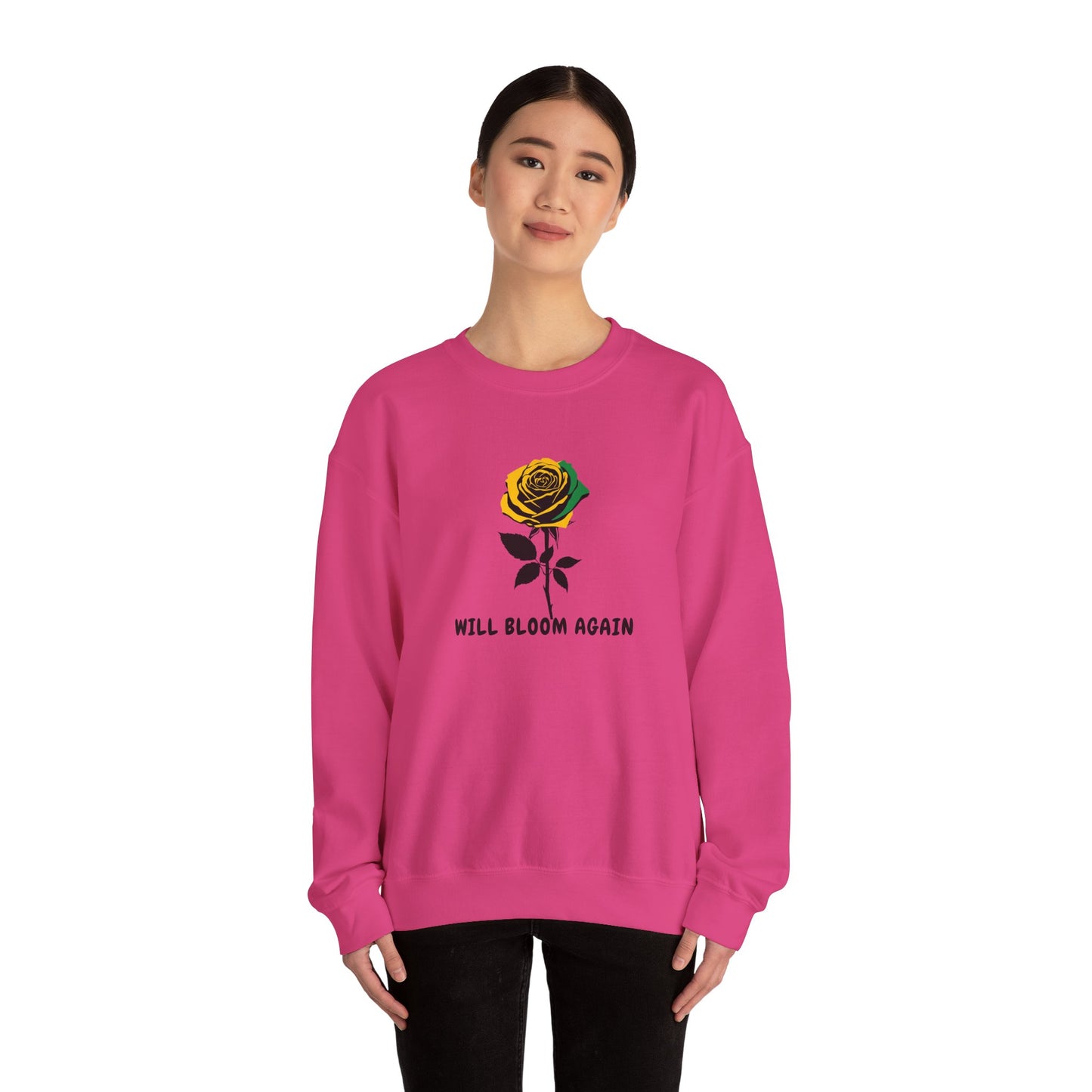 Jamaican Vibe Crewneck Sweatshirt — "Will Bloom Again" Rose Inspirational Pullover