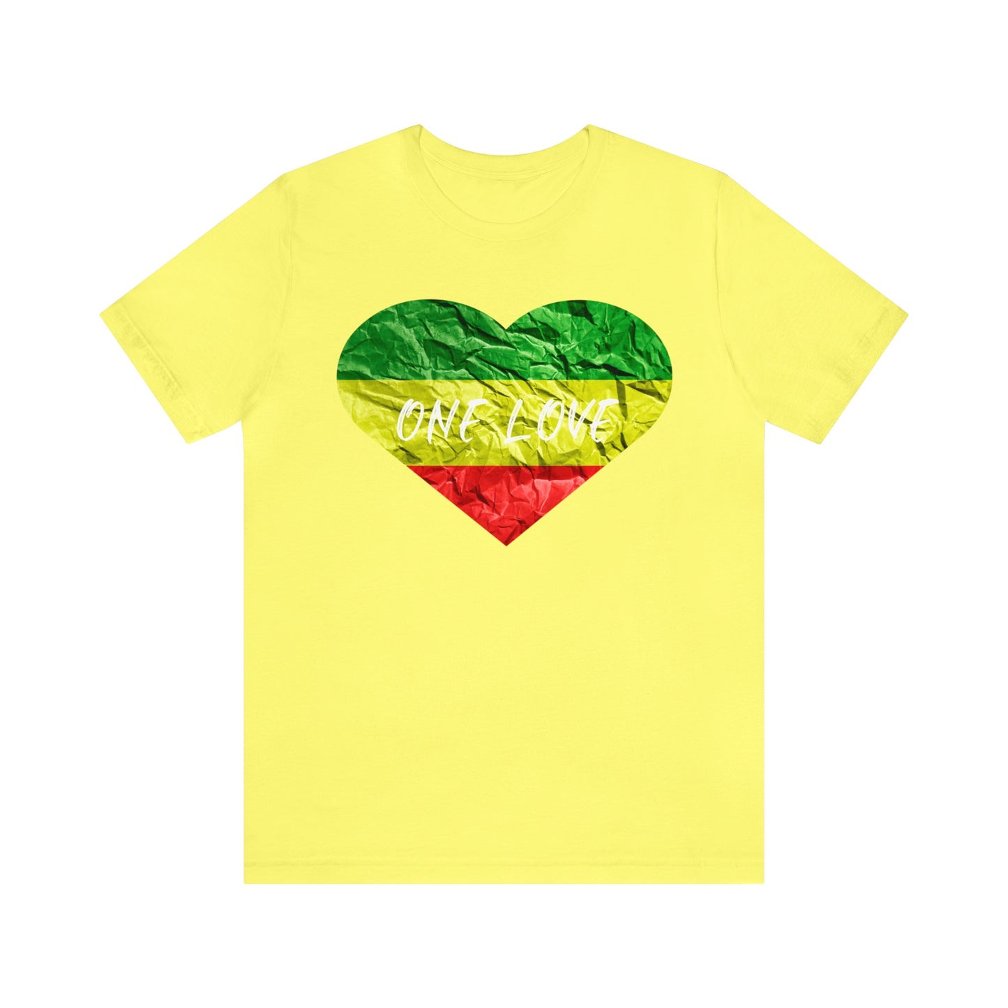 ONE LOVE RED GREEN AND GOLD HEART SHORT SLEEVE TSHIRT