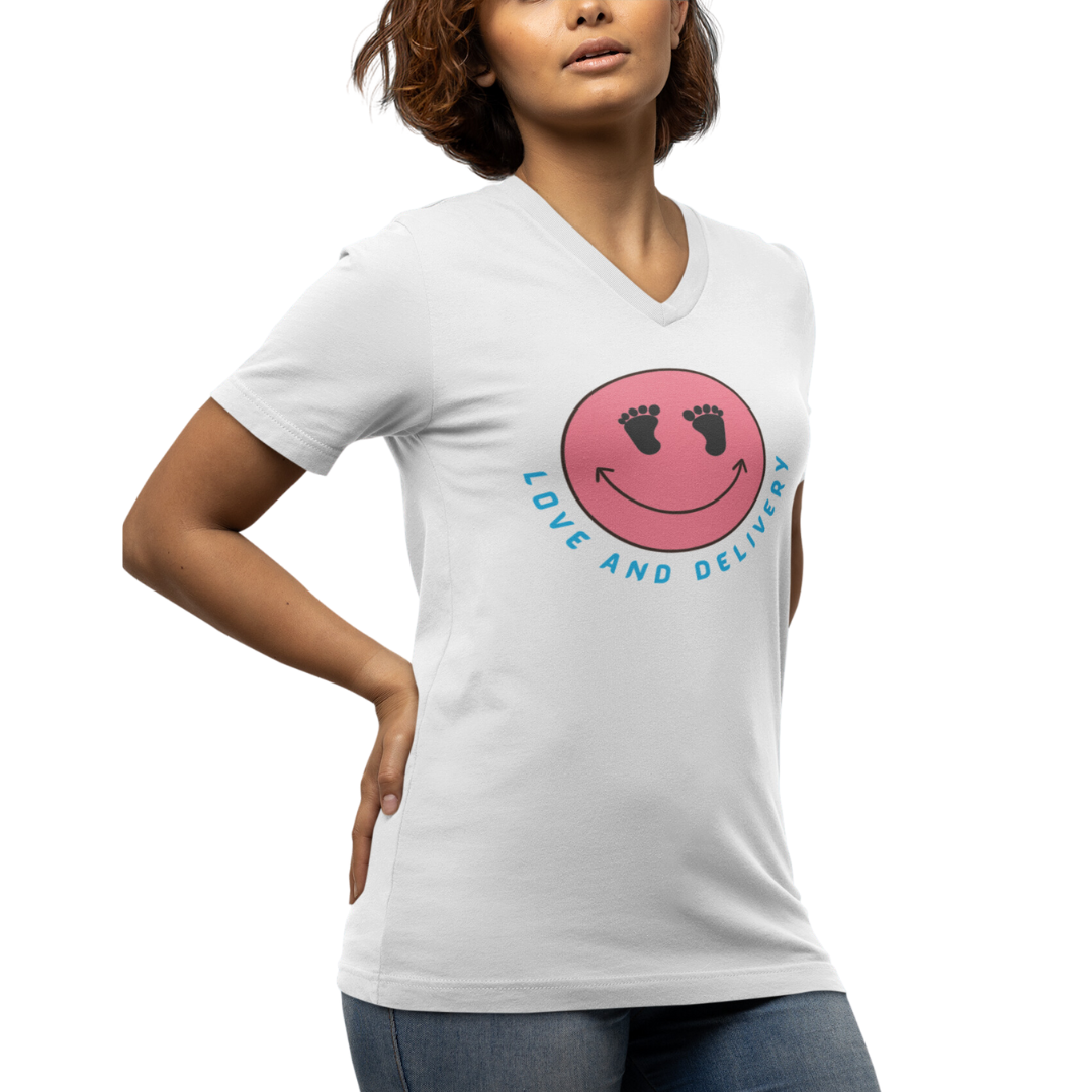 V NECK T SHIRT LOVE AND DELIVERY NURSE GIFT FOR L & D NURSES