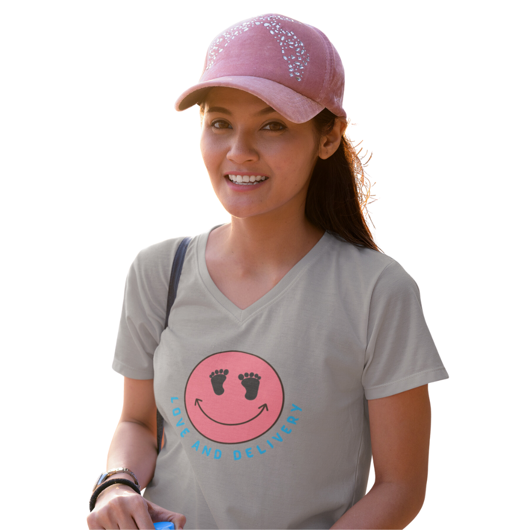 V NECK T SHIRT LOVE AND DELIVERY NURSE GIFT FOR L & D NURSES