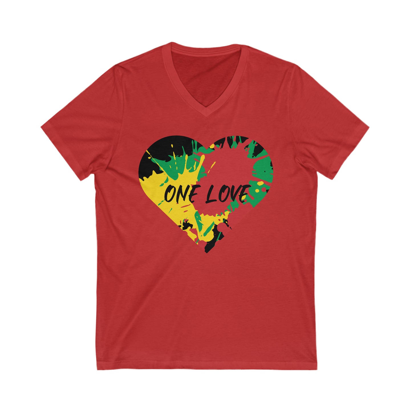 ONE LOVE RED GREEN AND GOLD HEART V NECK T SHIRT