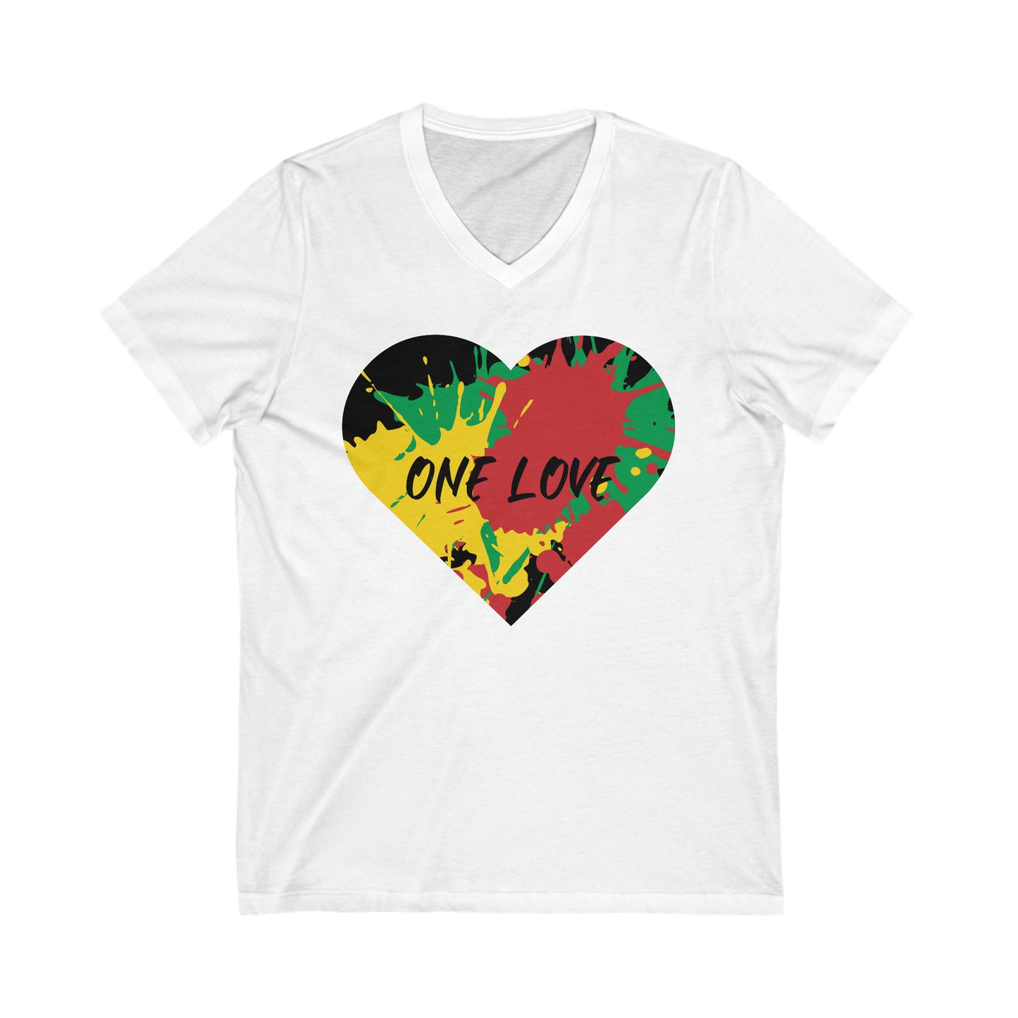 ONE LOVE RED GREEN AND GOLD HEART V NECK T SHIRT