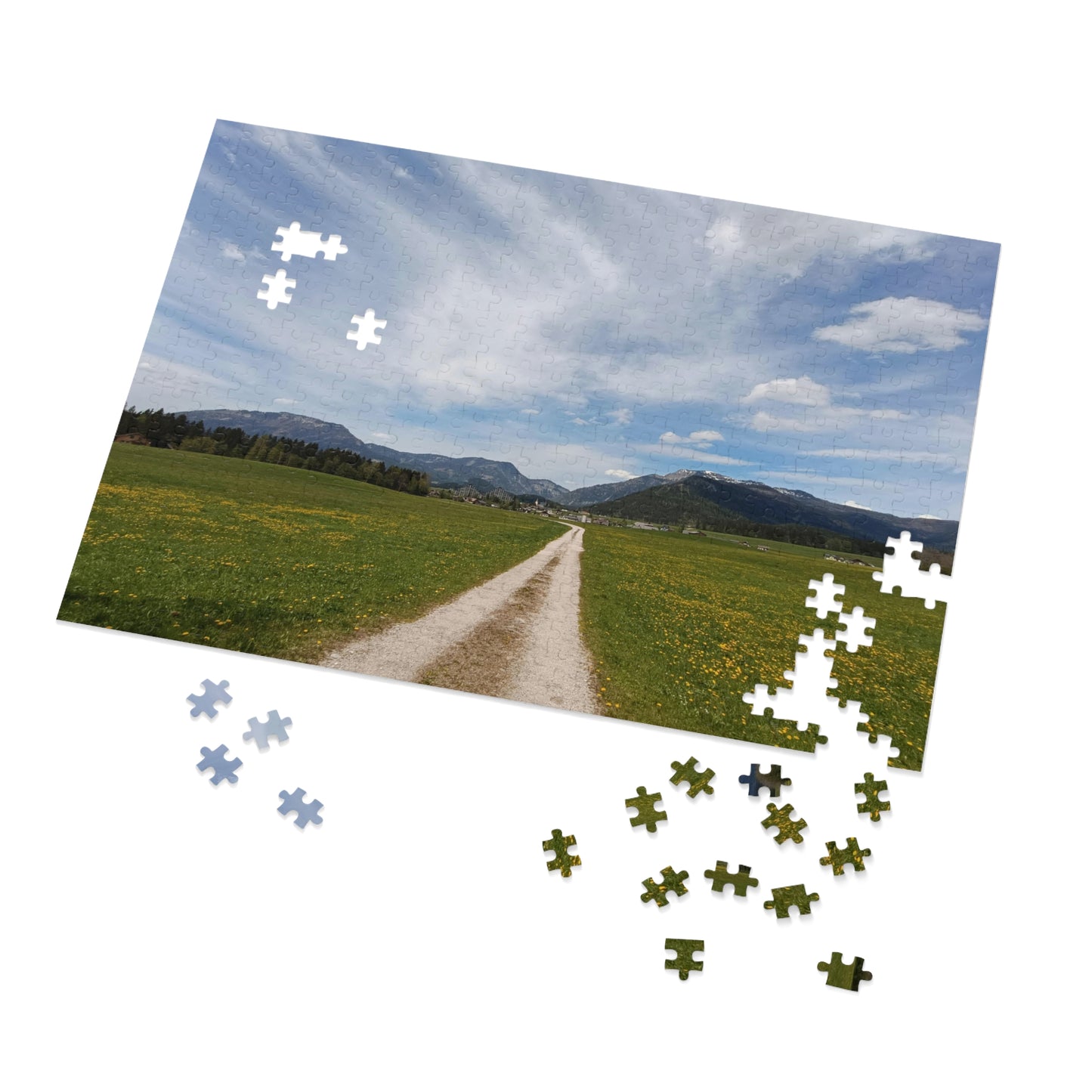 Country road Scenic Meadow & Mountain Landscape Jigsaw Puzzle