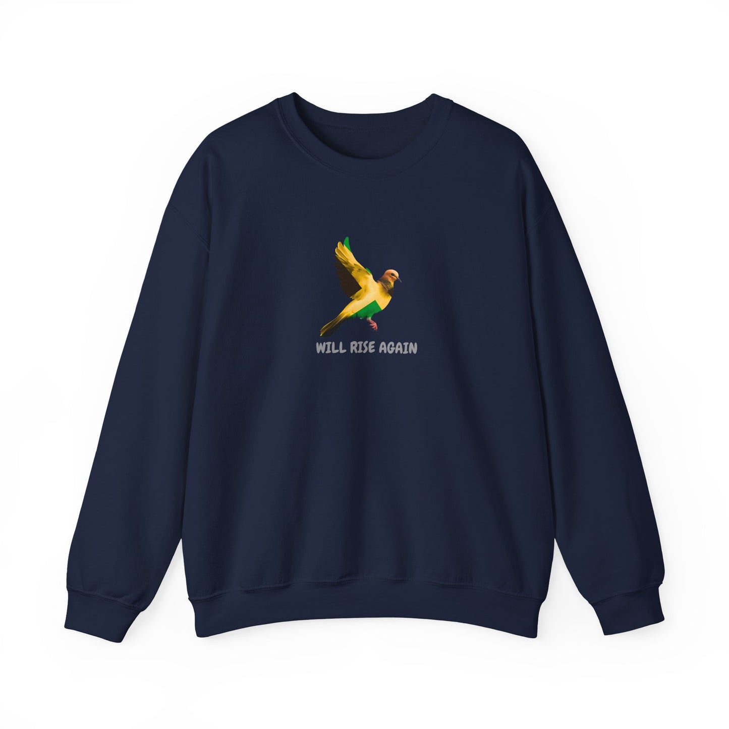Jamaica Graphic Crewneck Sweatshirt — 'Will Rise Again' Colorful Bird Graphic