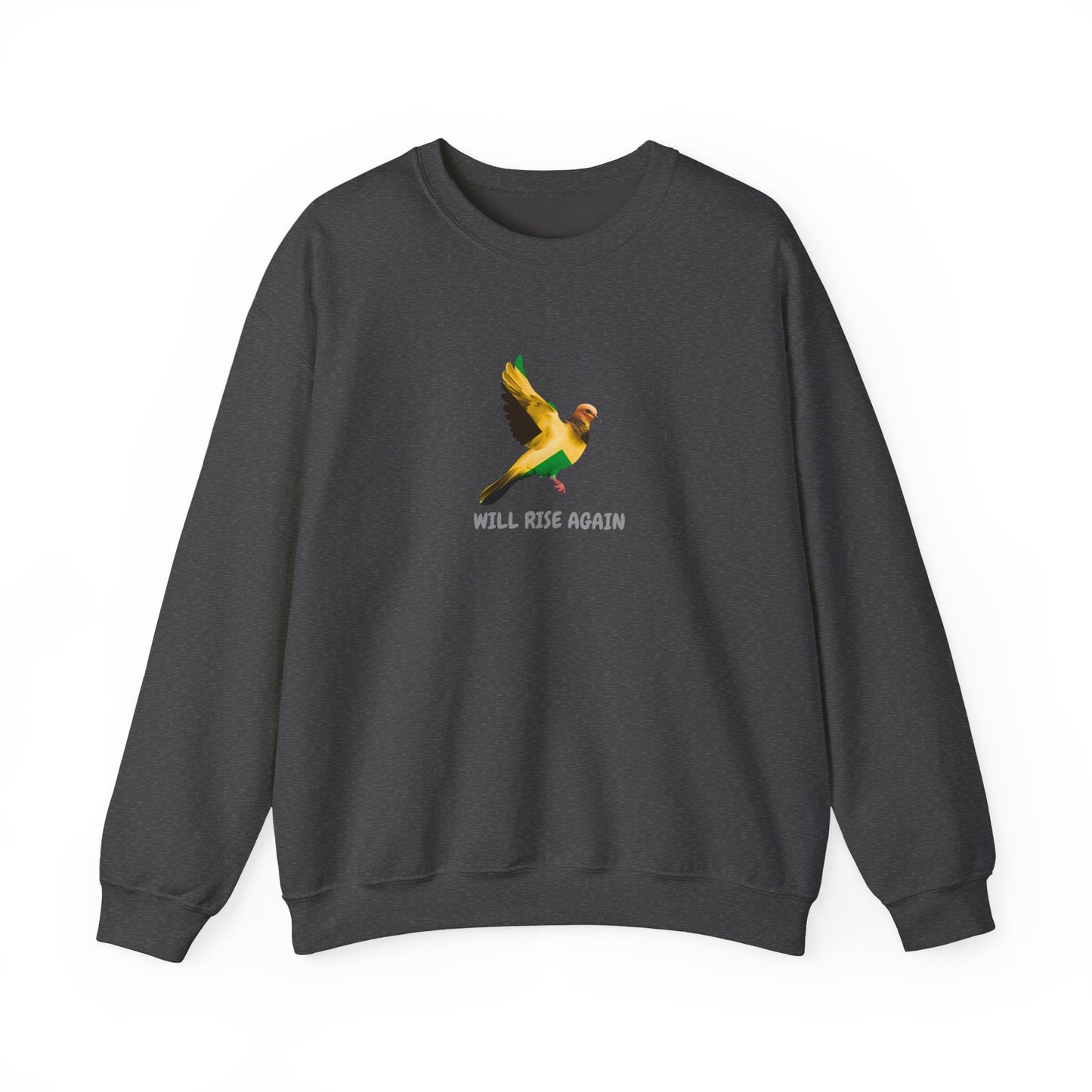 Jamaica Graphic Crewneck Sweatshirt — 'Will Rise Again' Colorful Bird Graphic