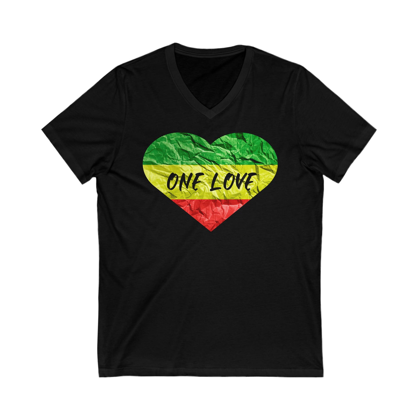 ONE LOVE RASTAH COLOR HEART DESIGN ROOTS V NECK TEE SHIRT