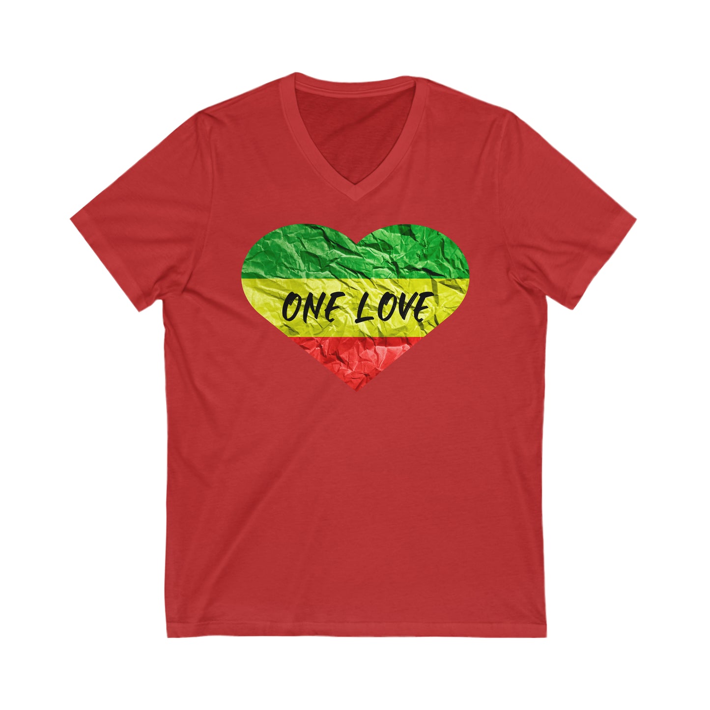 ONE LOVE RASTAH COLOR HEART DESIGN ROOTS V NECK TEE SHIRT