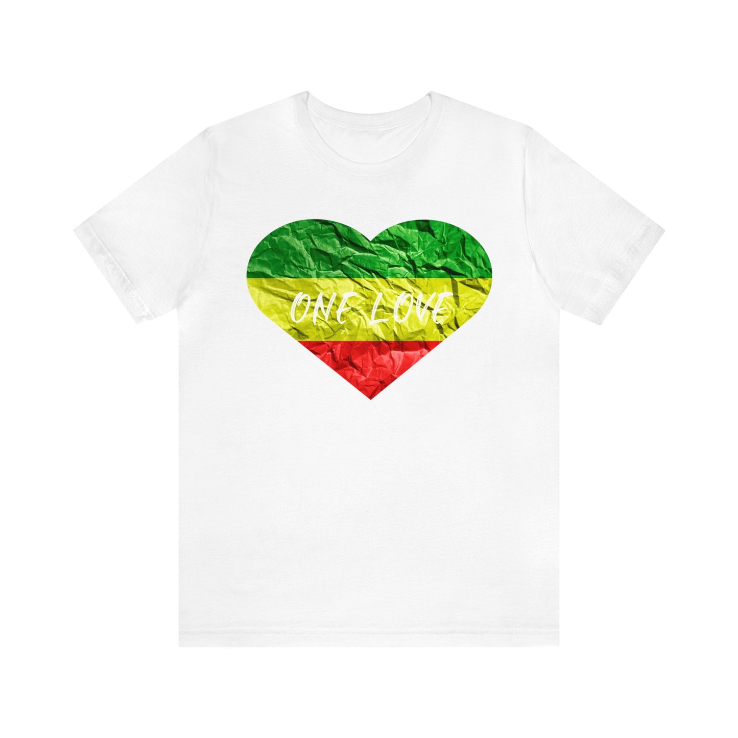 ONE LOVE RED GREEN AND GOLD HEART SHORT SLEEVE TSHIRT