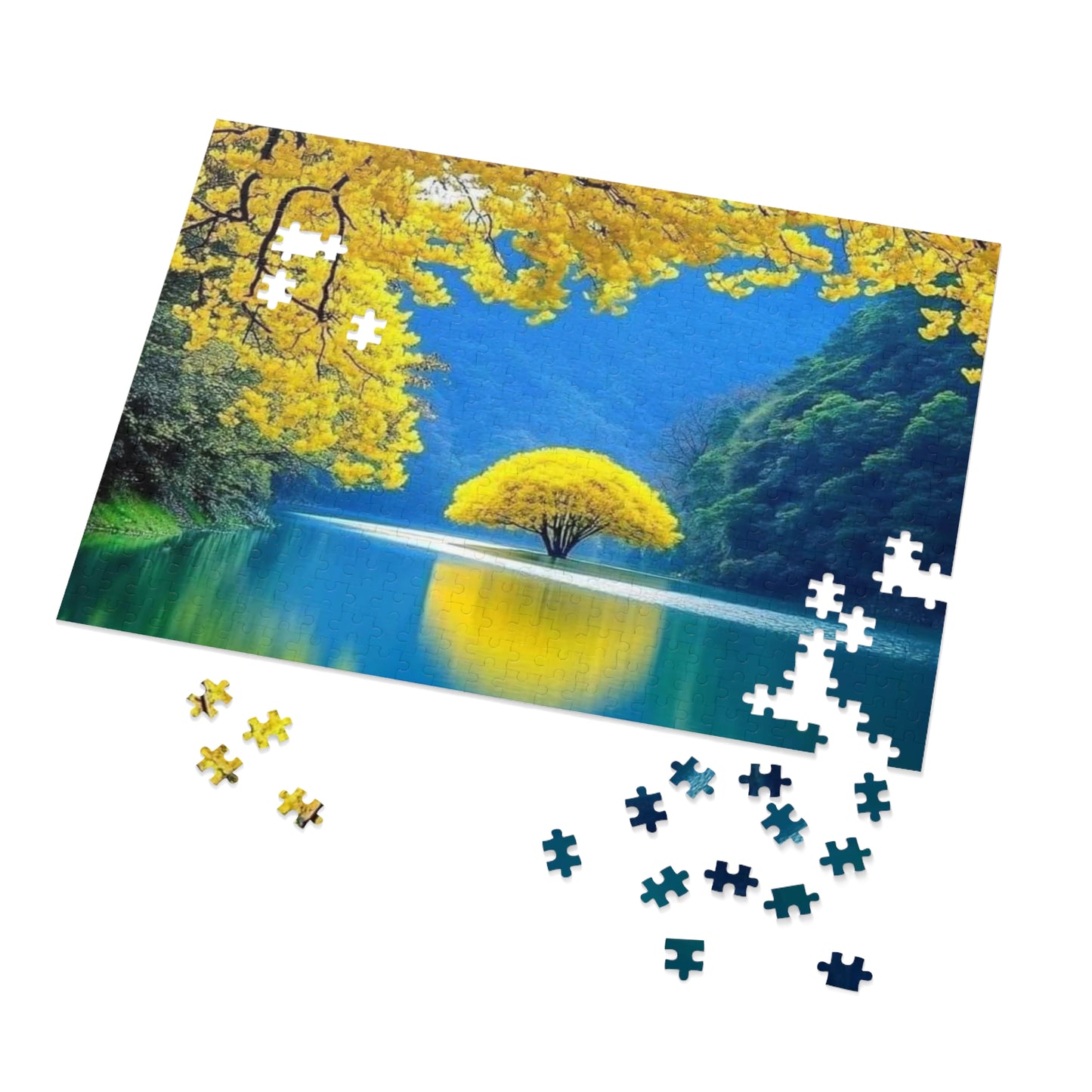 Scenic Yellow Tree Tranquil Lake Jigsaw Puzzle