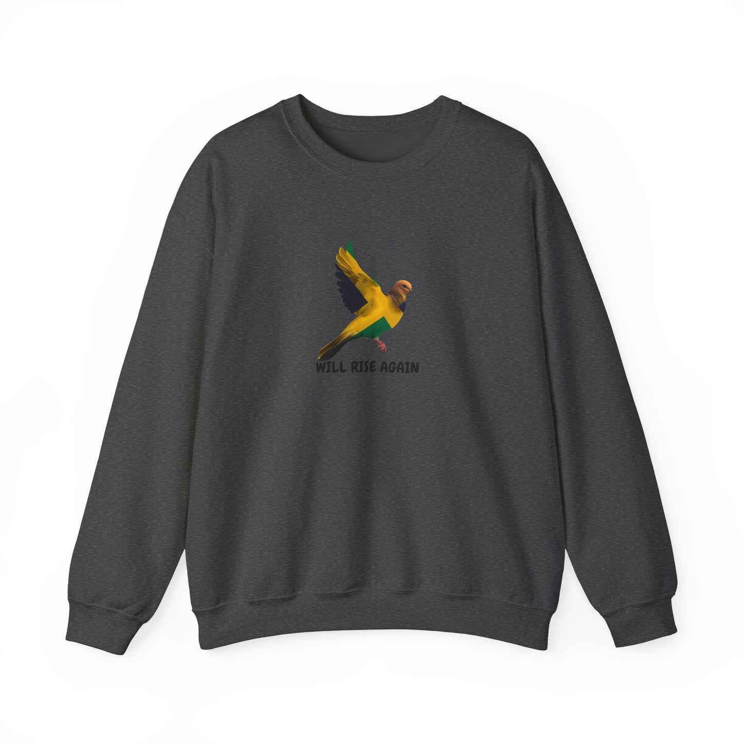Will Rise Again Crewneck Sweatshirt — Inspirational Bird Graphic Jamaican colors