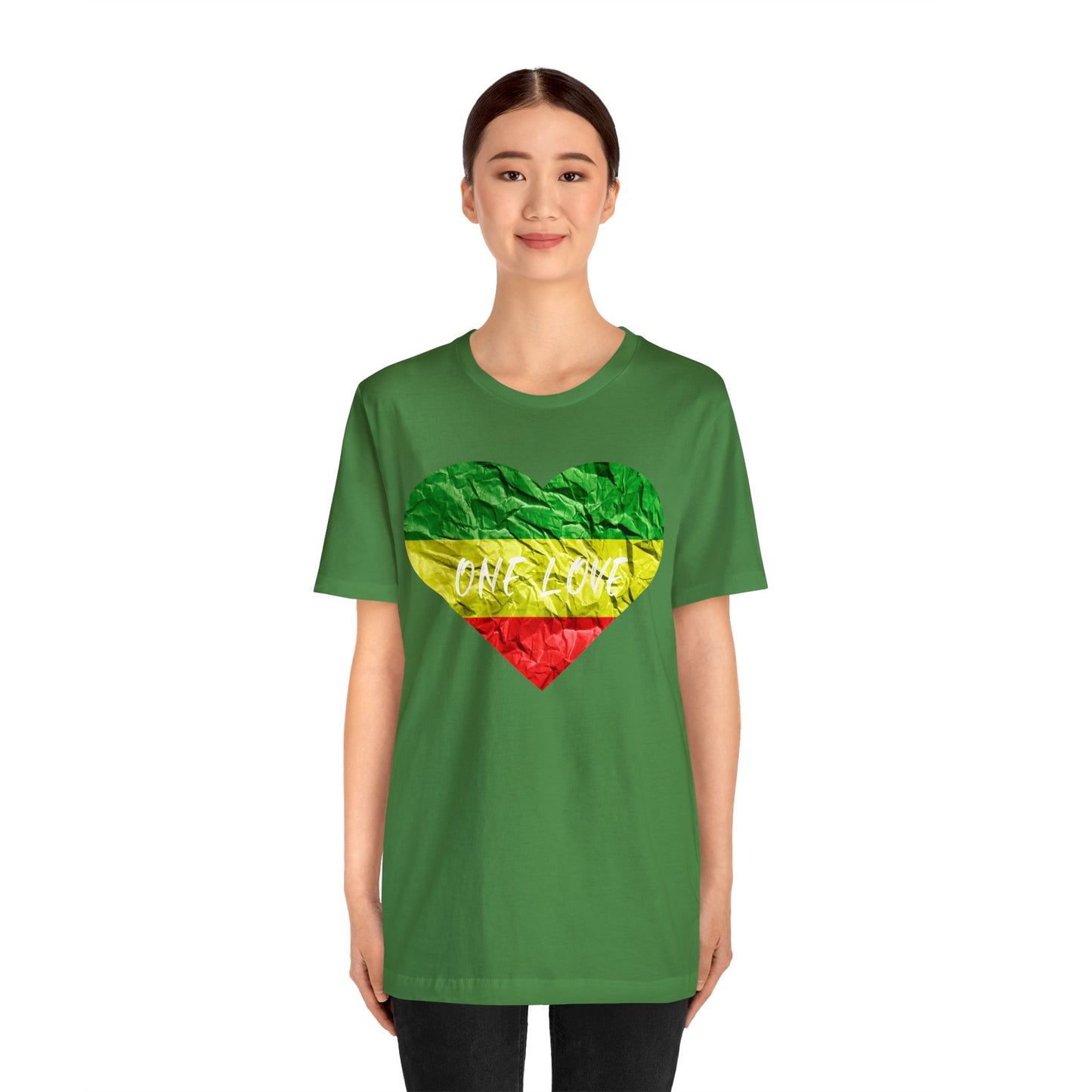 ONE LOVE RED GREEN AND GOLD HEART SHORT SLEEVE TSHIRT