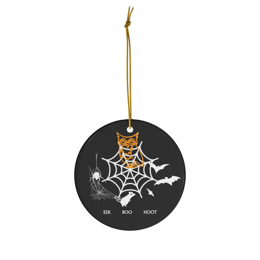 EEK BOO HOOT HALLOWEEN THEME CERAMIC CIRCULAR HANGING ORNAMENT