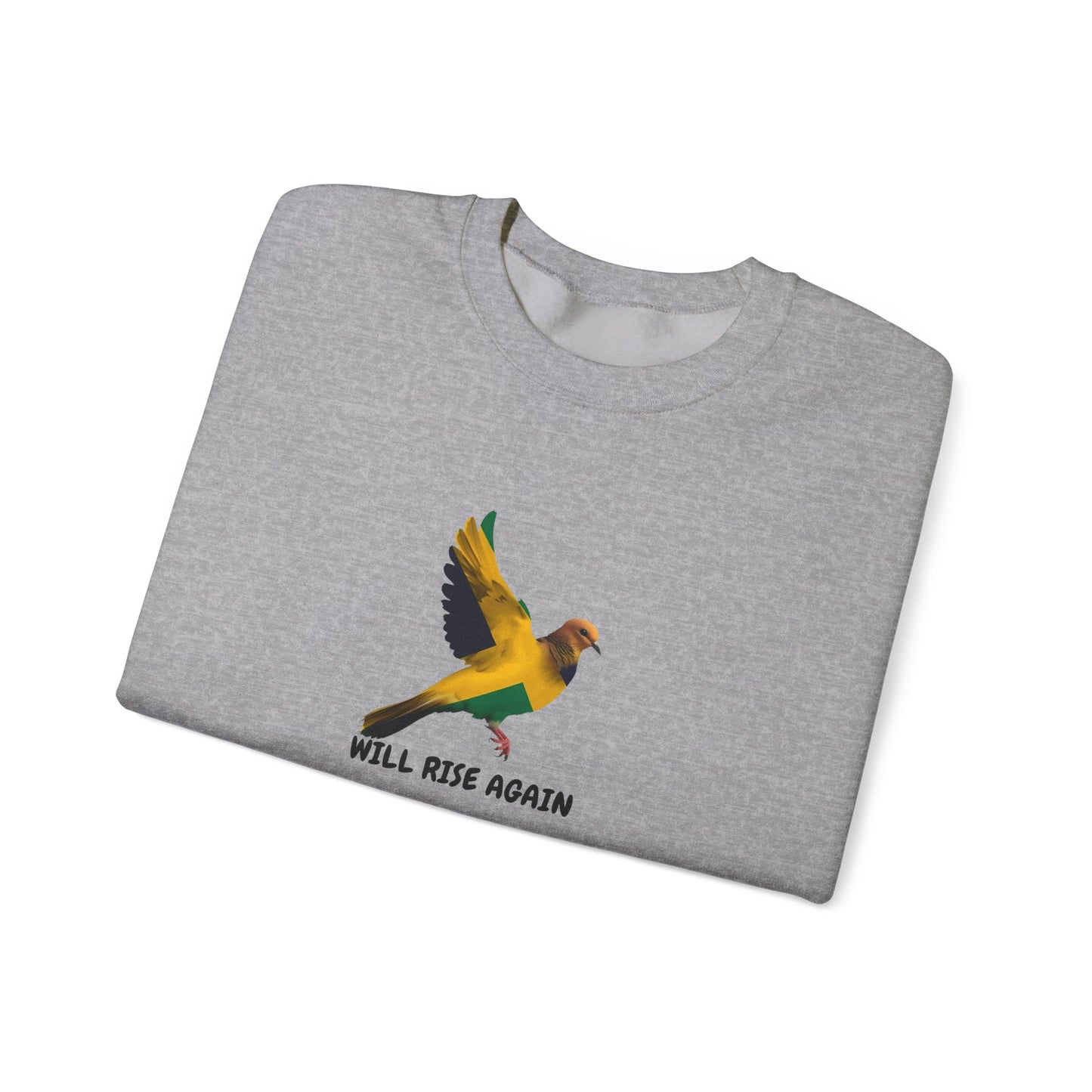Will Rise Again Crewneck Sweatshirt — Inspirational Bird Graphic Jamaican colors