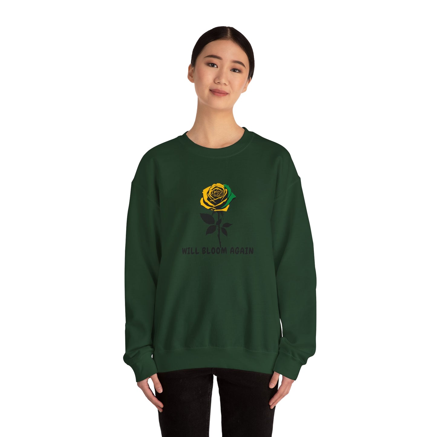 Jamaican Vibe Crewneck Sweatshirt — "Will Bloom Again" Rose Inspirational Pullover