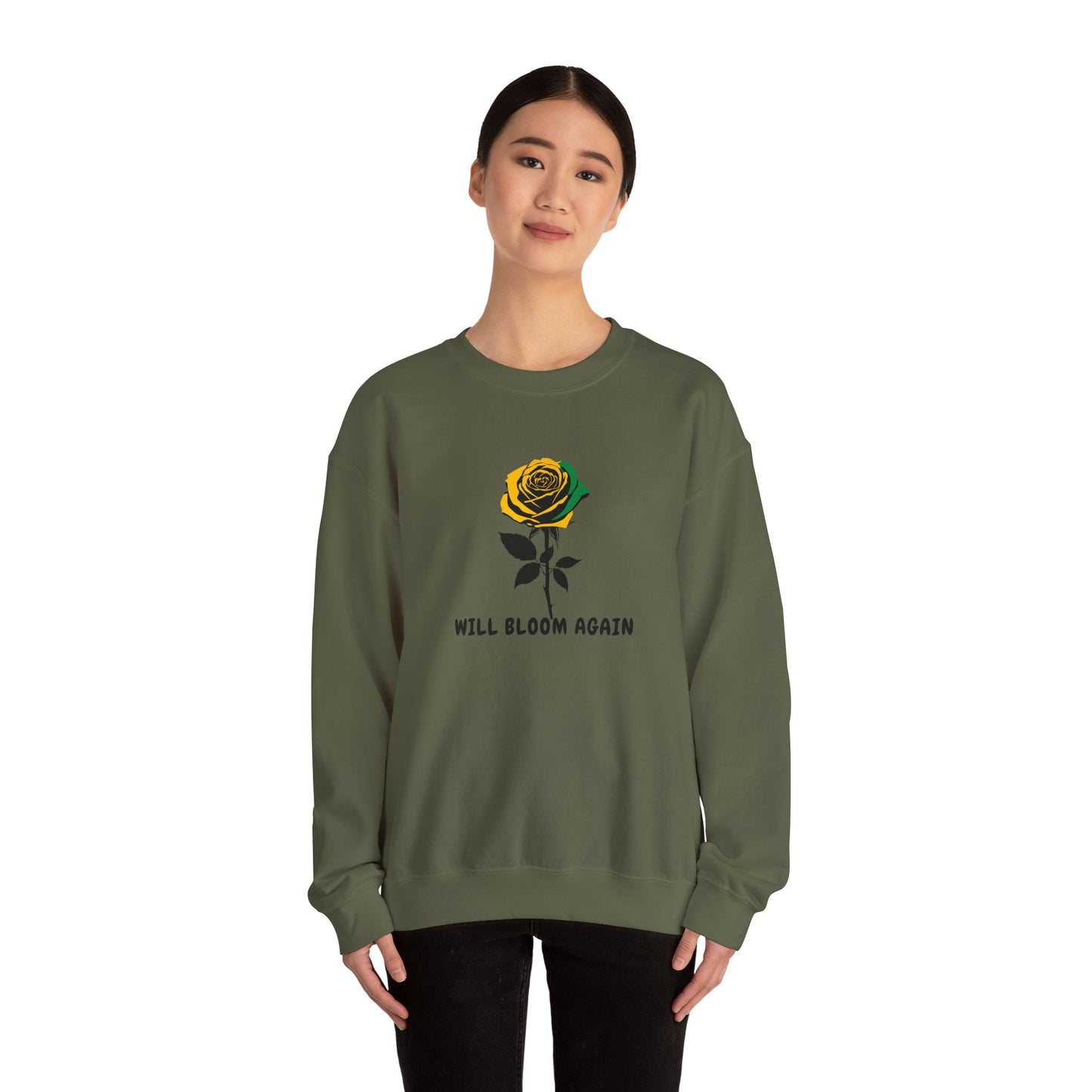 Jamaican Vibe Crewneck Sweatshirt — "Will Bloom Again" Rose Inspirational Pullover