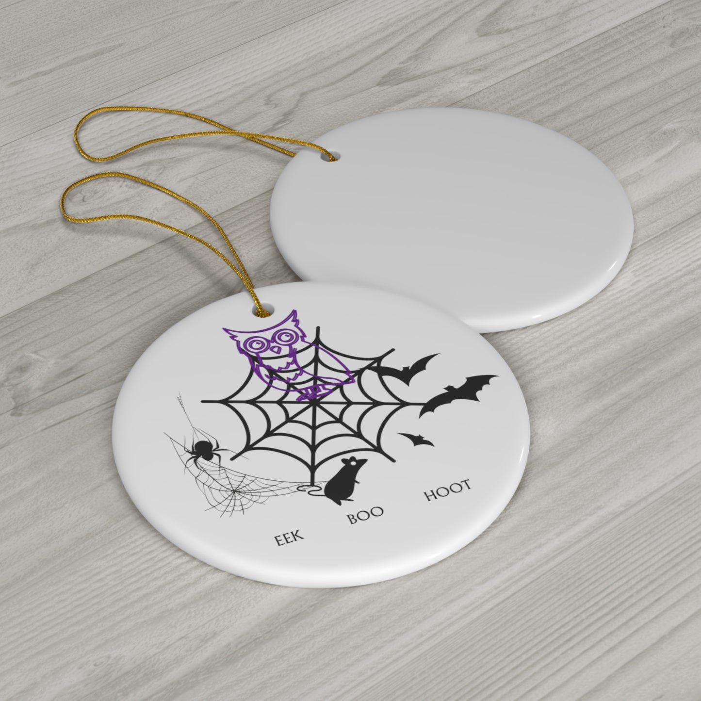 EEK BOO HOOT   HALLOWEEN THEME CERAMIC CIRCULAR HANGING ORNAMENT