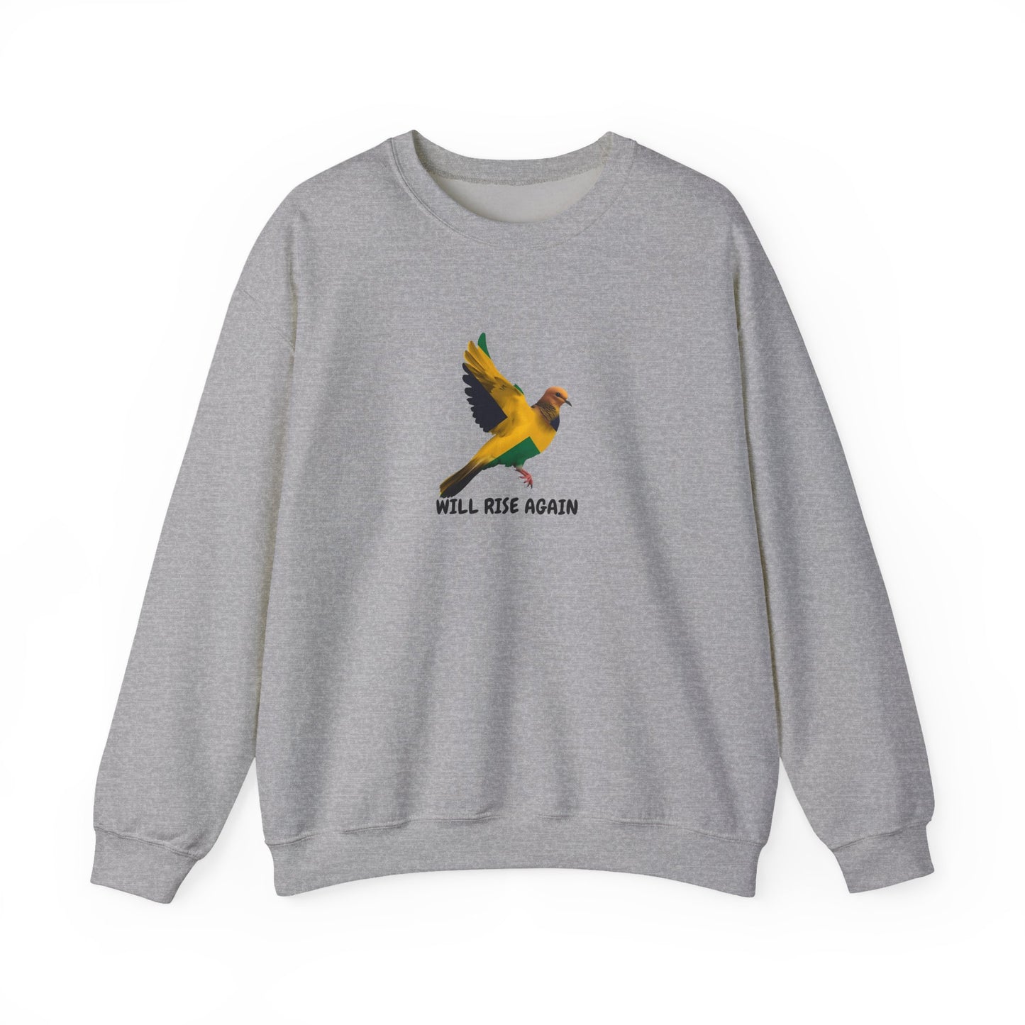 Will Rise Again Crewneck Sweatshirt — Inspirational Bird Graphic Jamaican colors