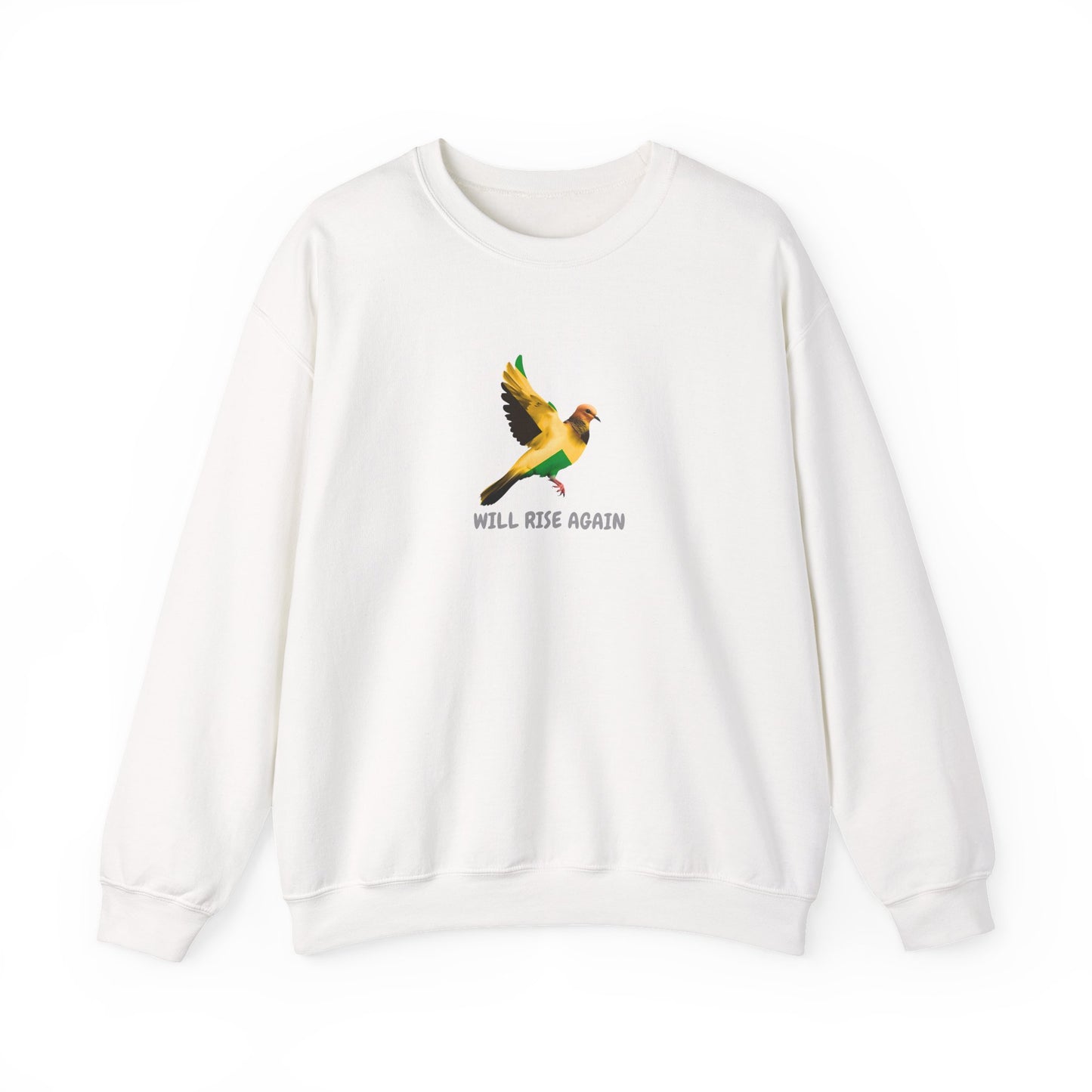 Jamaica Graphic Crewneck Sweatshirt — 'Will Rise Again' Colorful Bird Graphic