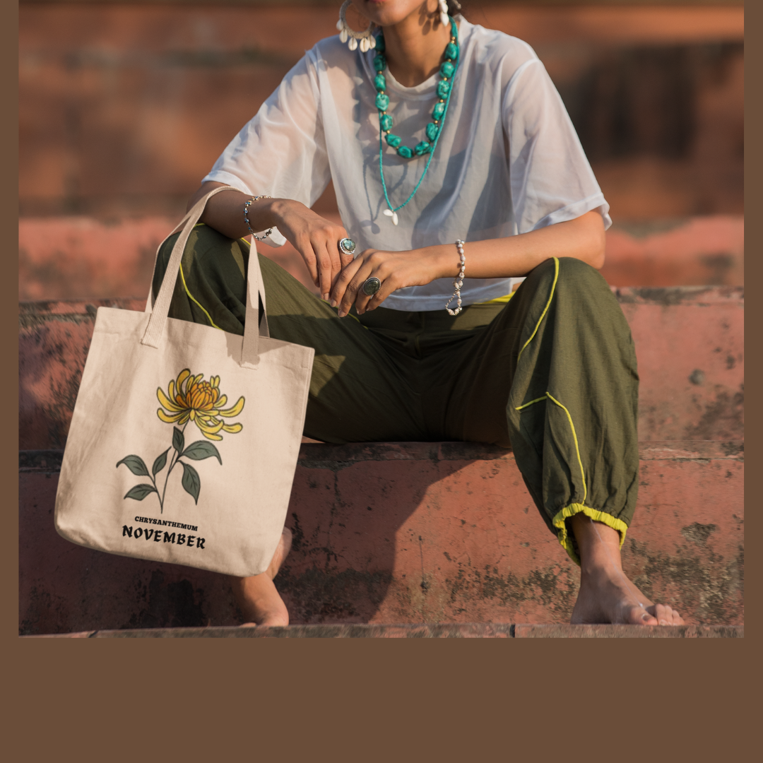 NOVEMBER BIRTH FLOWER MONTH TOTE BAG GIFT (CHRYSANTHEMUM)