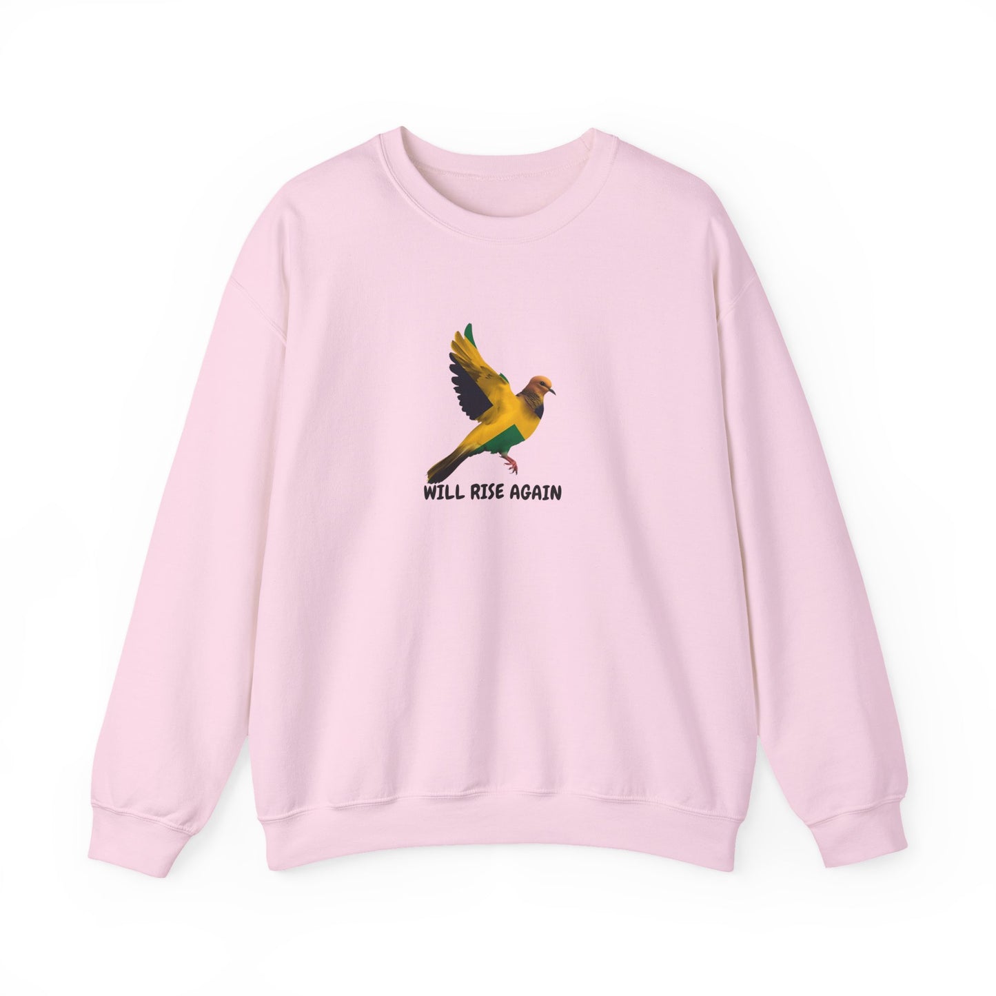 Will Rise Again Crewneck Sweatshirt — Inspirational Bird Graphic Jamaican colors