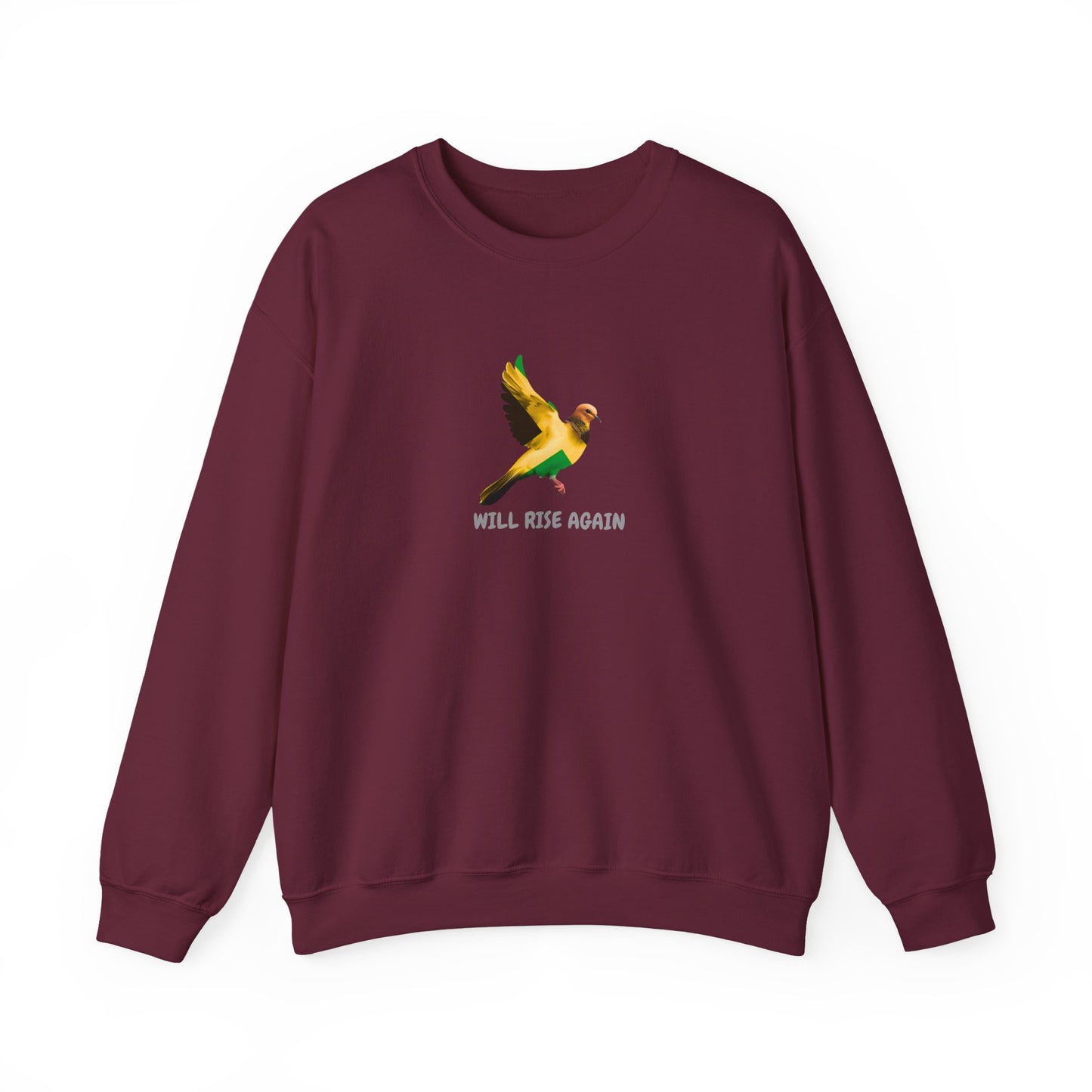 Jamaica Graphic Crewneck Sweatshirt — 'Will Rise Again' Colorful Bird Graphic