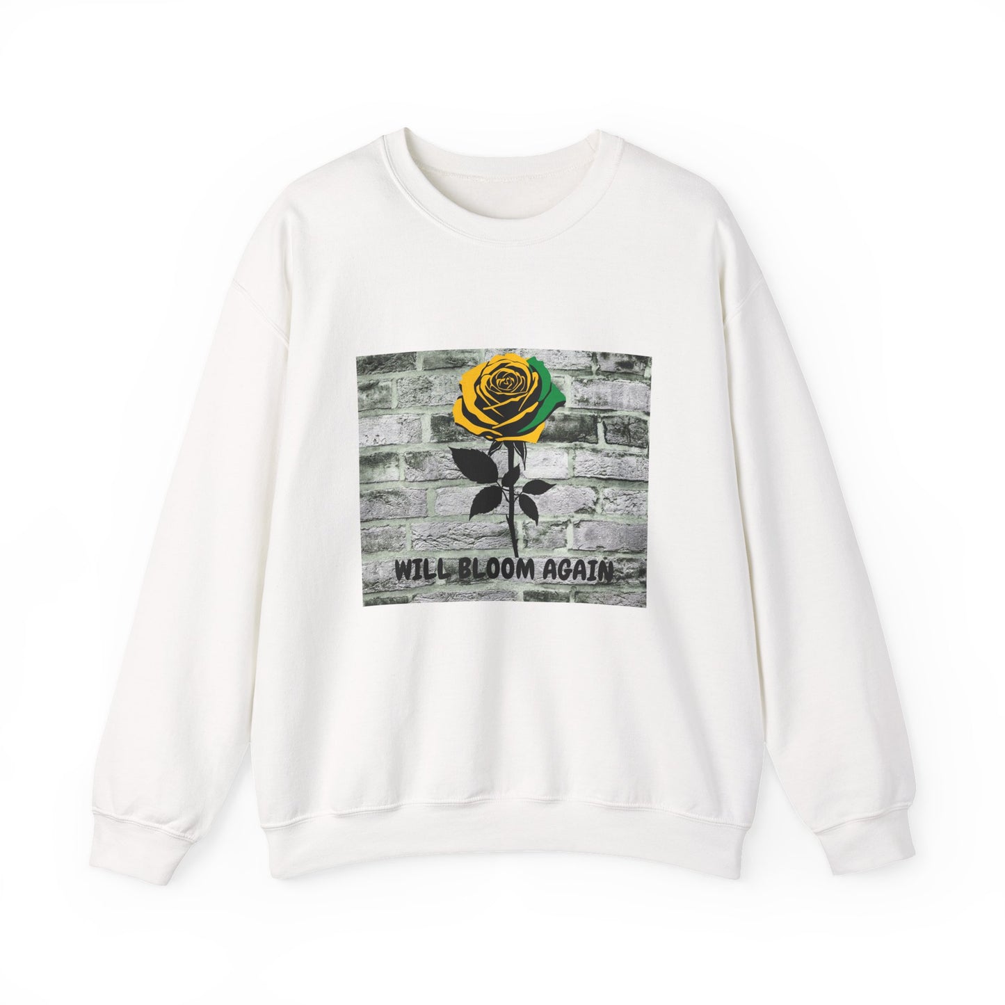 Jamaican Color Rose Will Bloom Again Brick Wall Graphic Crewneck Sweatshirt