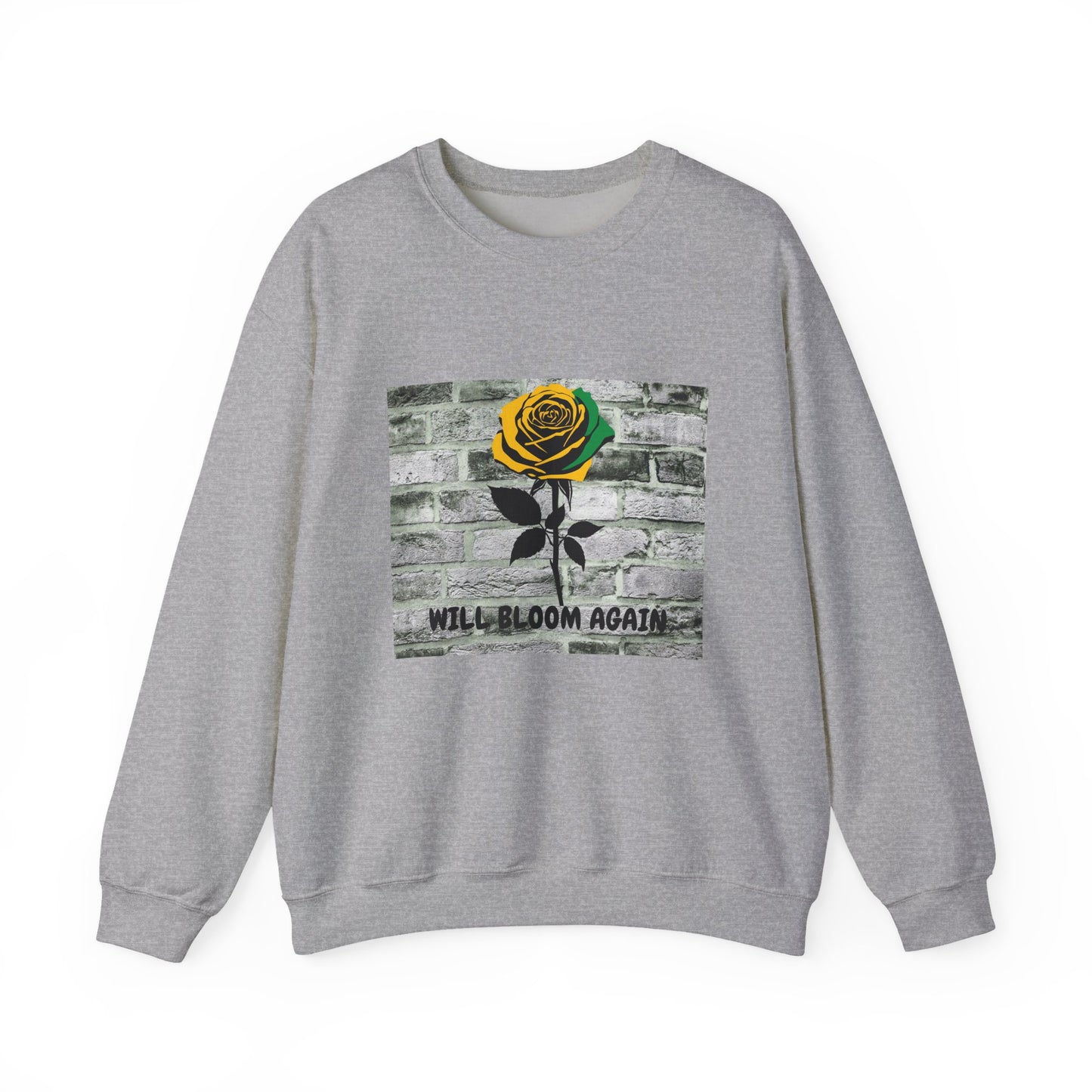 Jamaican Color Rose Will Bloom Again Brick Wall Graphic Crewneck Sweatshirt