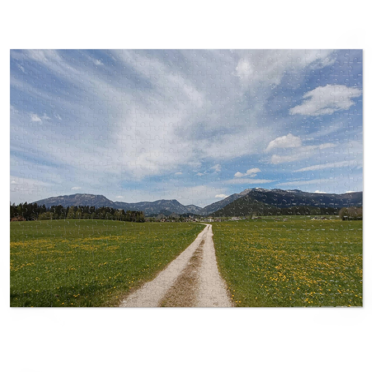Country road Scenic Meadow & Mountain Landscape Jigsaw Puzzle