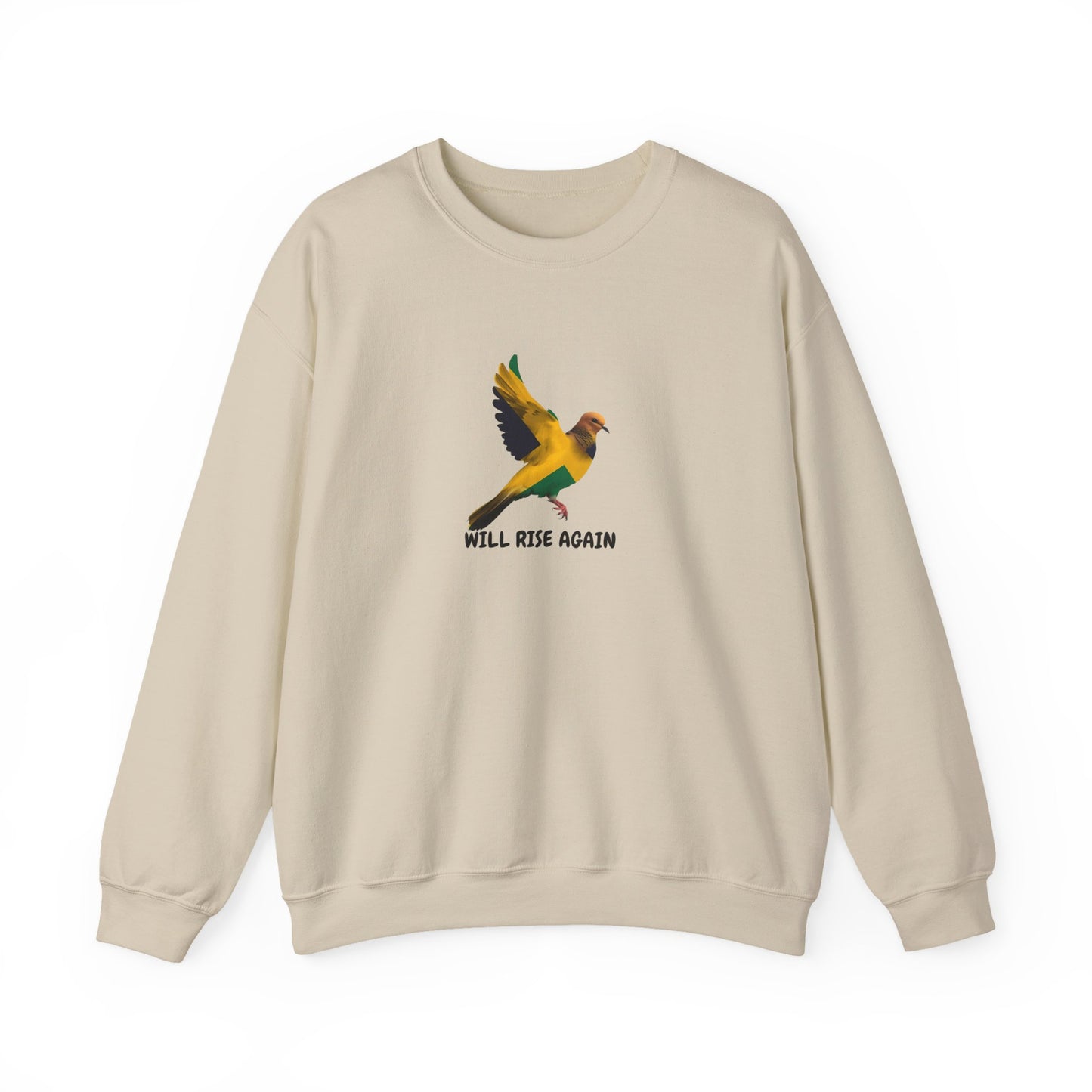 Will Rise Again Crewneck Sweatshirt — Inspirational Bird Graphic Jamaican colors