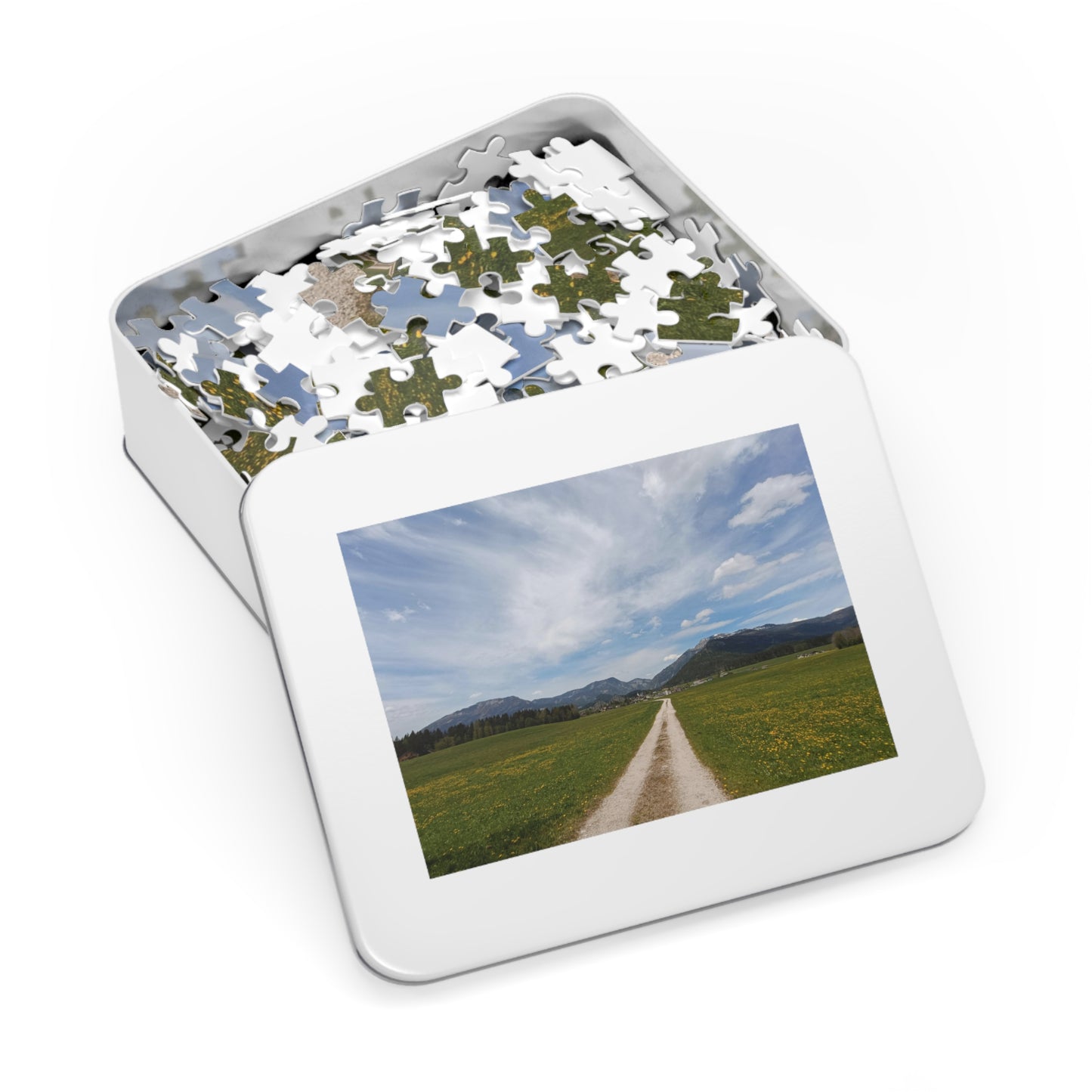 Country road Scenic Meadow & Mountain Landscape Jigsaw Puzzle