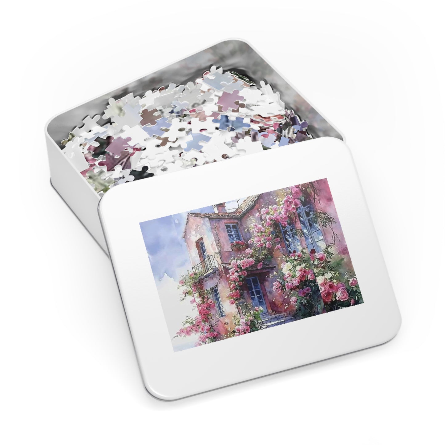 Floral Cottage Jigsaw Puzzle with Tin