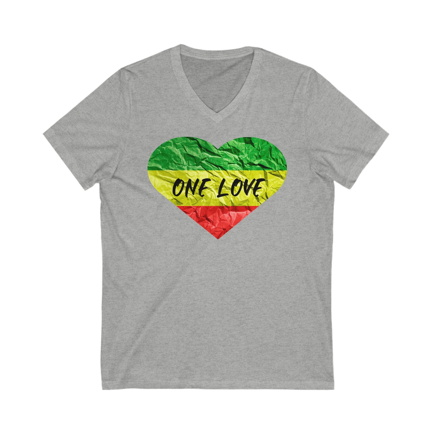 ONE LOVE RASTAH COLOR HEART DESIGN ROOTS V NECK TEE SHIRT