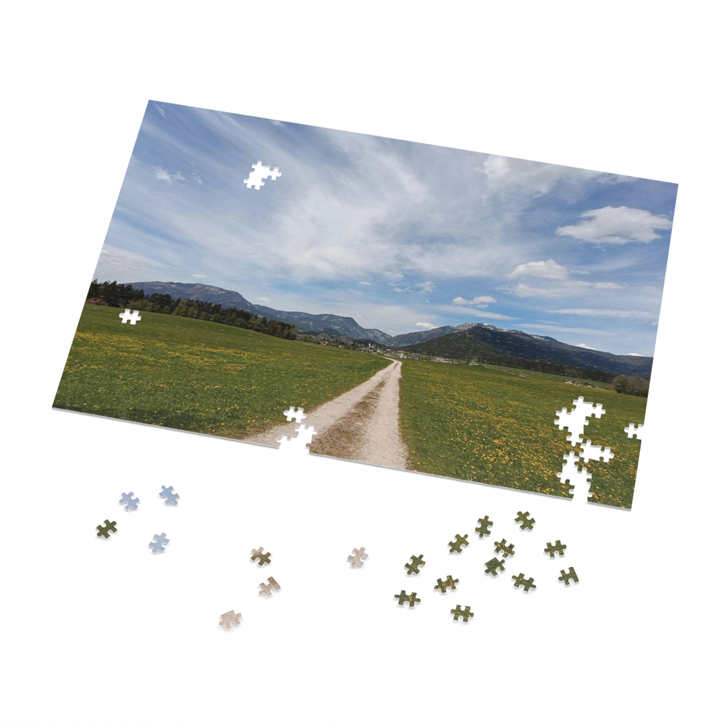 Country road Scenic Meadow & Mountain Landscape Jigsaw Puzzle