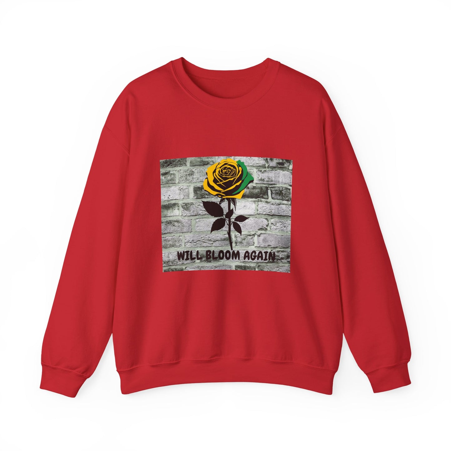 Jamaican Color Rose Will Bloom Again Brick Wall Graphic Crewneck Sweatshirt