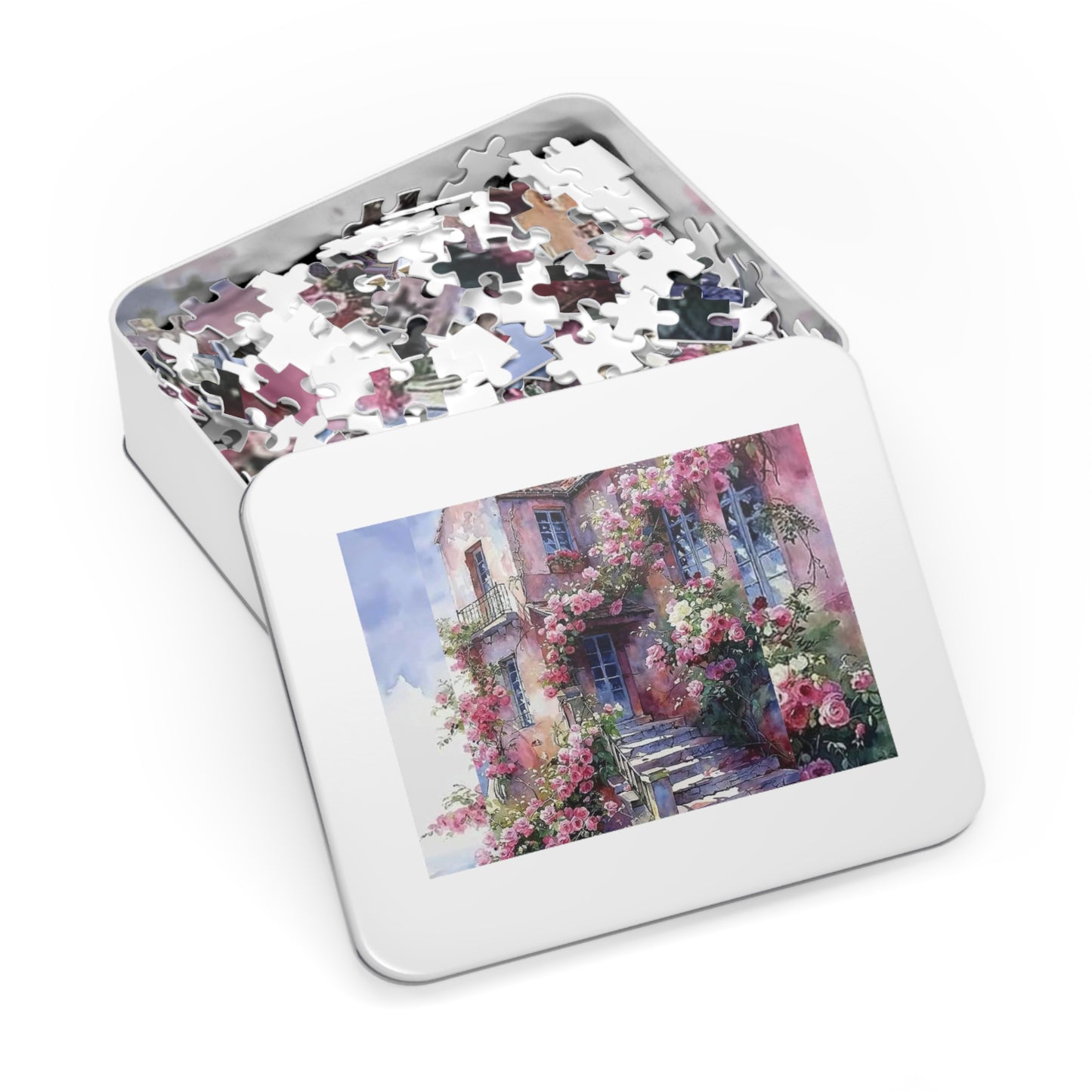 Floral Cottage Jigsaw Puzzle with Tin
