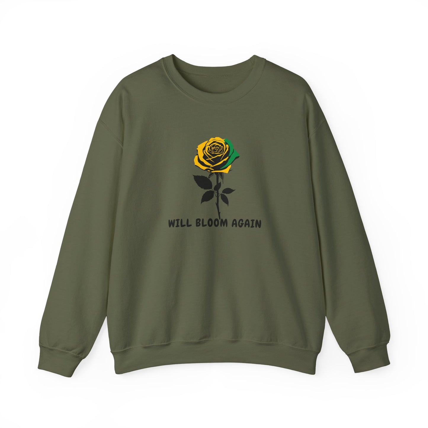 Jamaican Vibe Crewneck Sweatshirt — "Will Bloom Again" Rose Inspirational Pullover