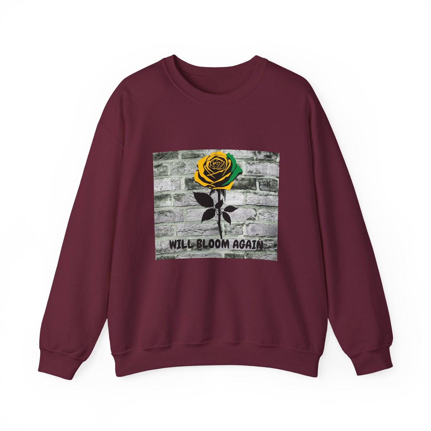 Jamaican Color Rose Will Bloom Again Brick Wall Graphic Crewneck Sweatshirt