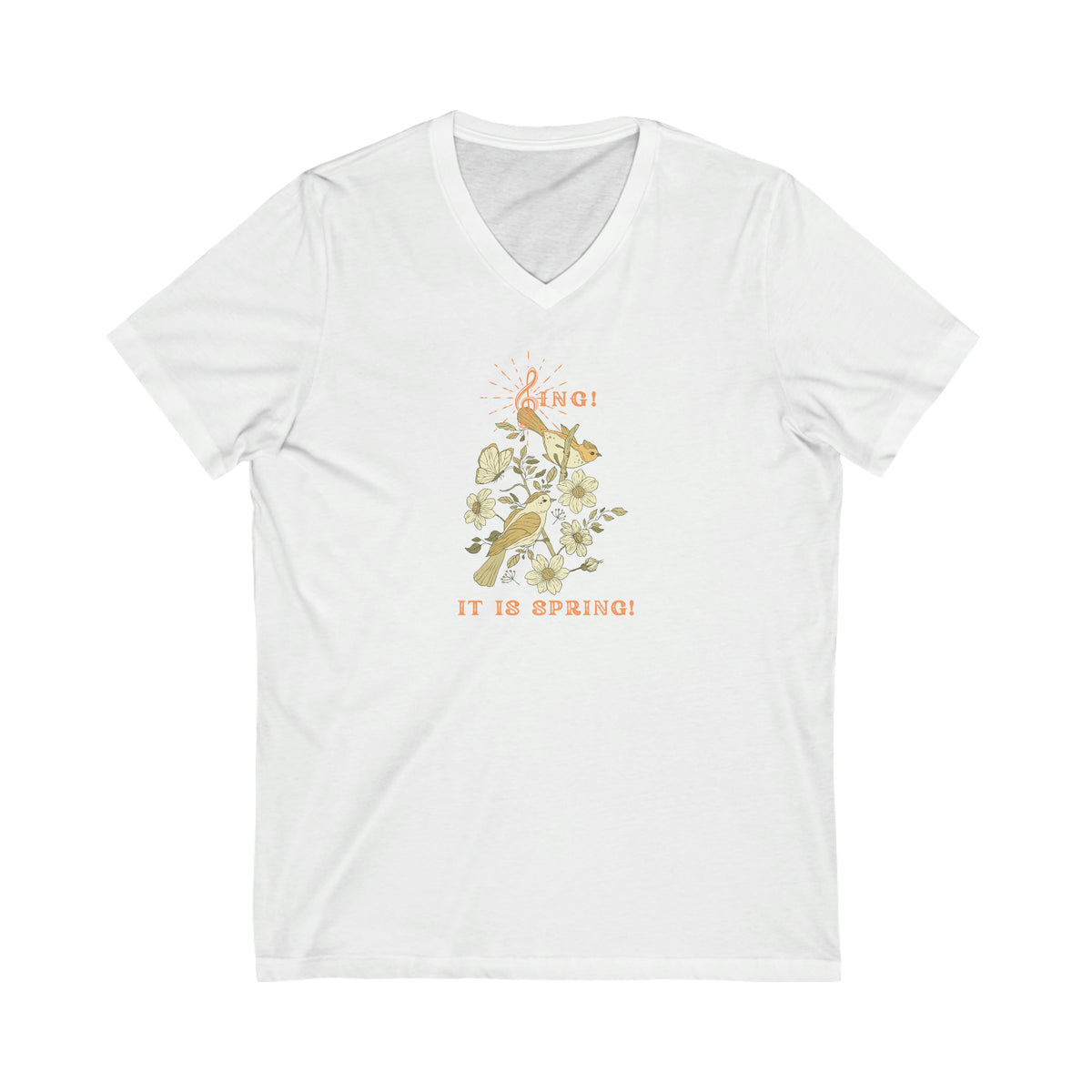 SING IT IS SPRING UNISEX V NECK T SHIRT GIFT WITH ORANGE FONT