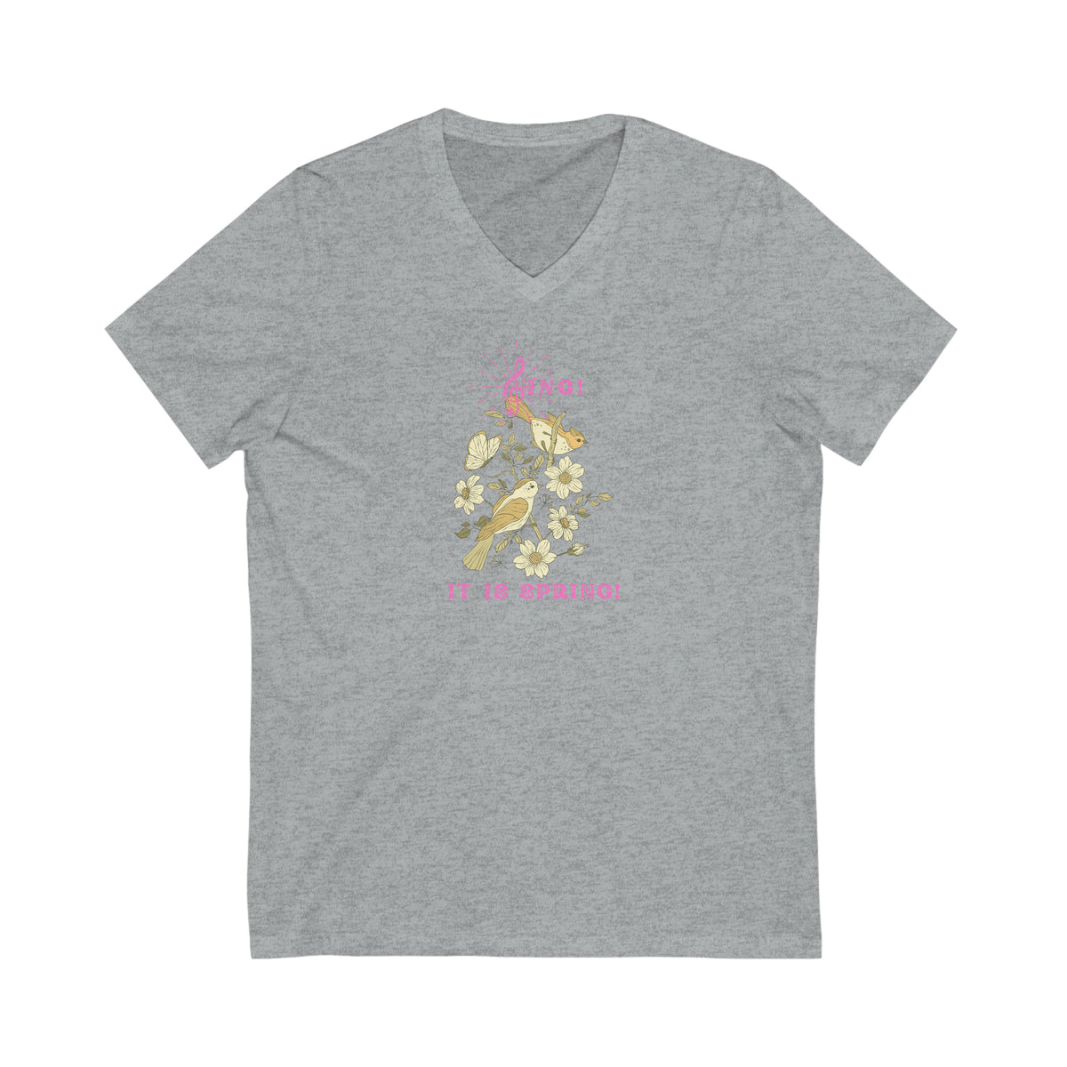 SING IT IS SPRING UNISEX V NECK  T SHIRT GIFT WITH PINK FONT