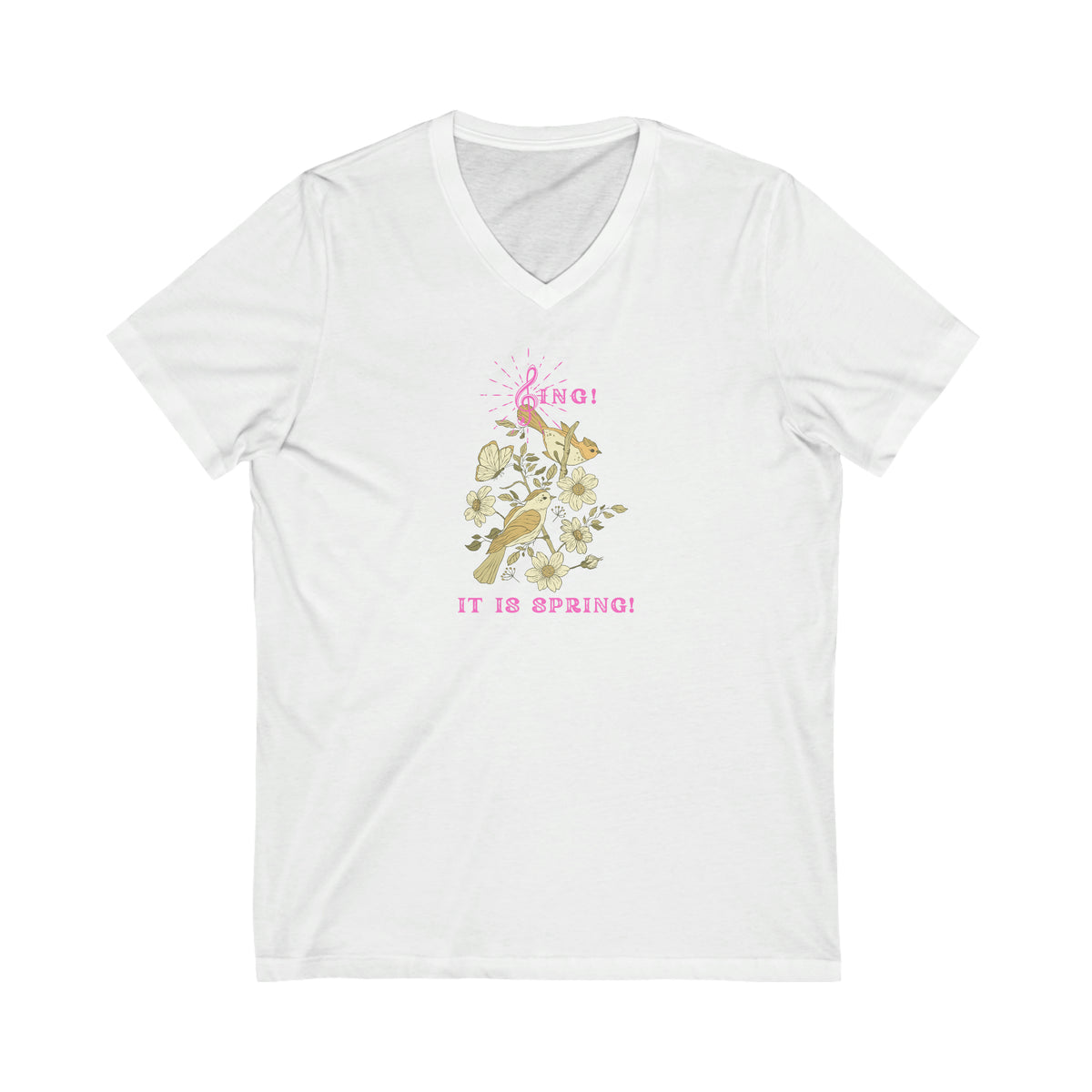 SING IT IS SPRING UNISEX V NECK  T SHIRT GIFT WITH PINK FONT