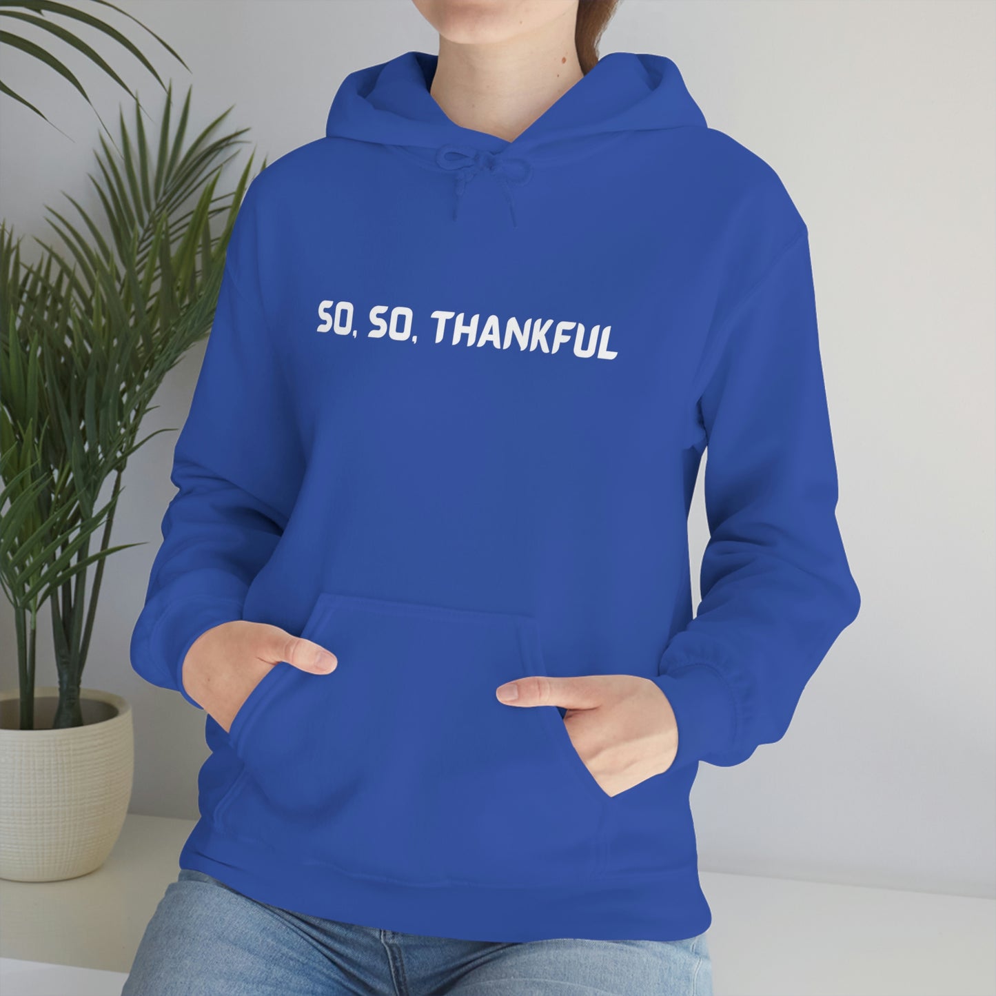 SO , SO THANKFUL UNISEX HOODED SWEATSHIRT WITH INSPIRATIONAL WORDS