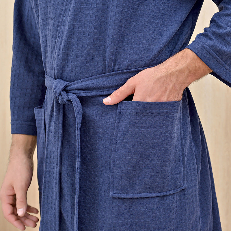 NAVY BLUE KNEE LENGTH WAFFLE PATTERN BATH ROBES