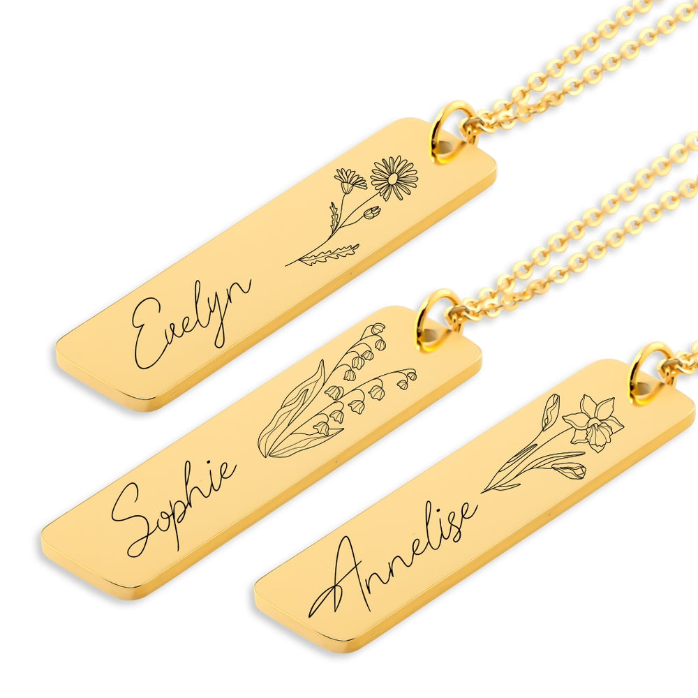 ENGRAVED NAME AND BIRTH FLOWER NECKLACE