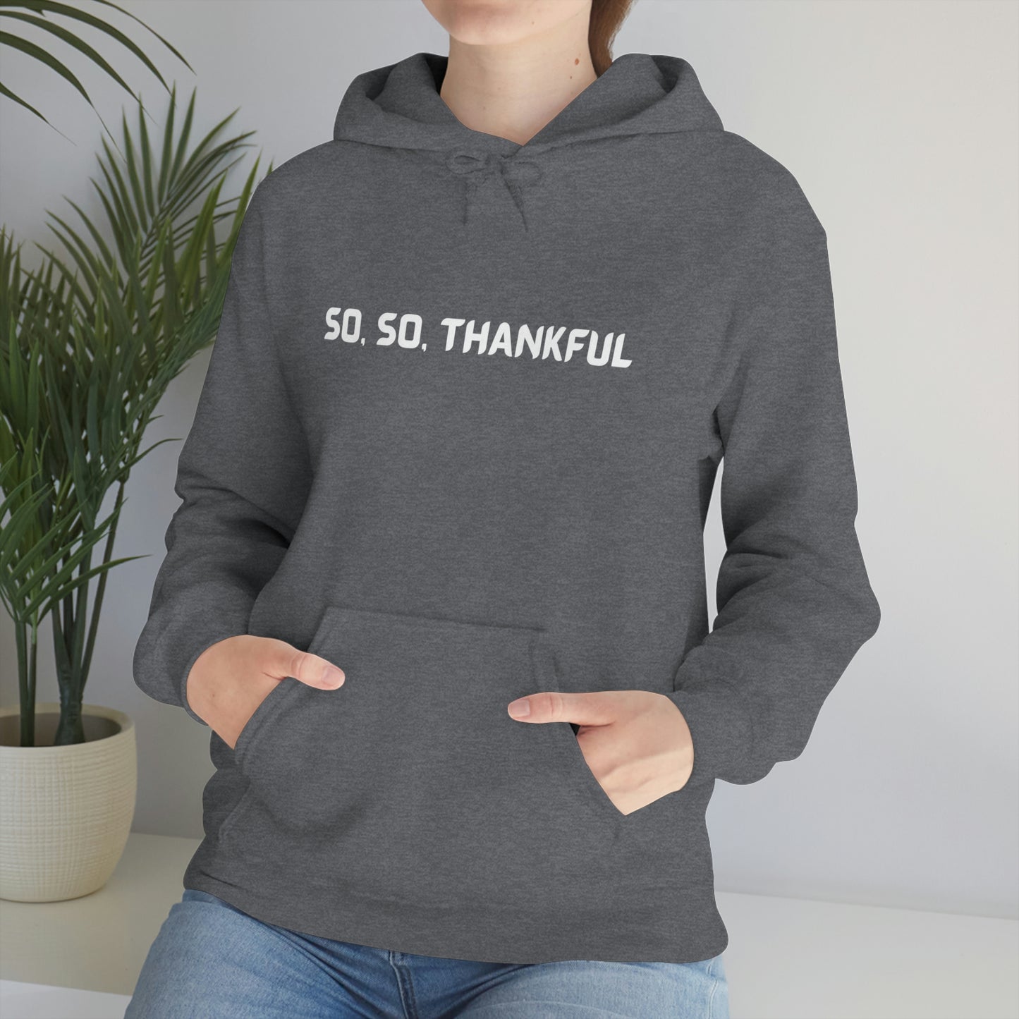 SO , SO THANKFUL UNISEX HOODED SWEATSHIRT WITH INSPIRATIONAL WORDS