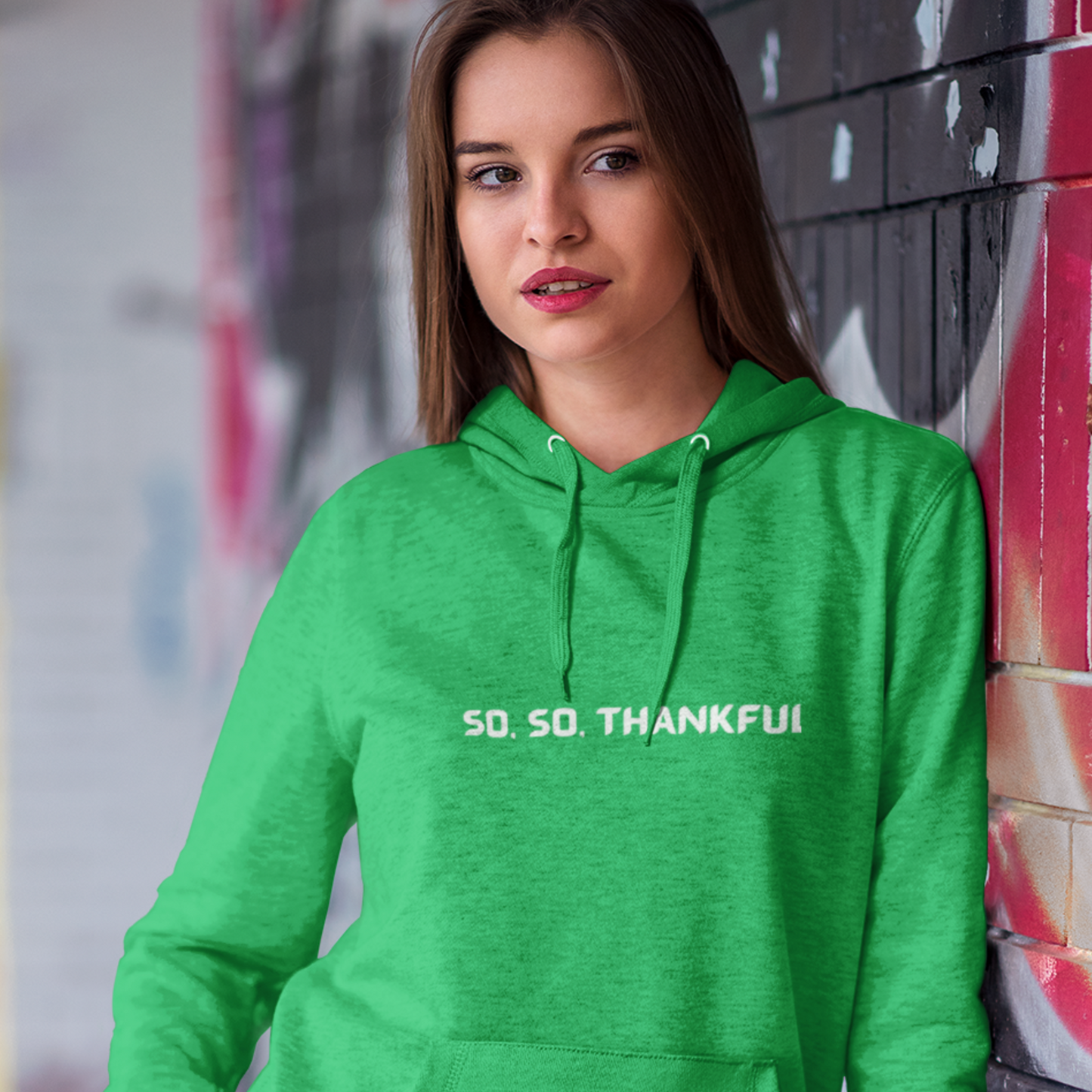 SO , SO THANKFUL UNISEX HOODED SWEATSHIRT WITH INSPIRATIONAL WORDS