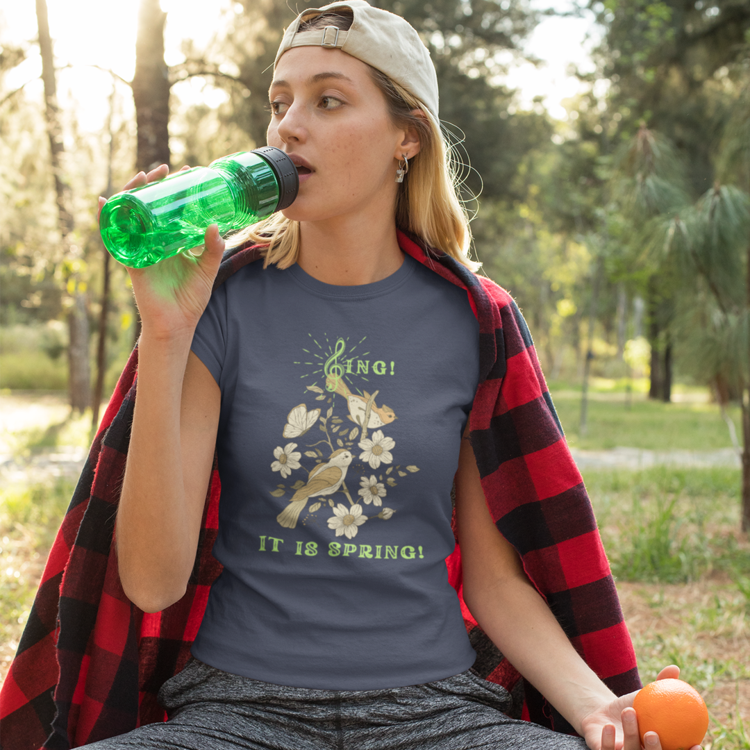 SING IT IS SPRING UNISEX CREW NECK TEE SHIRT WITH GREEN FONT