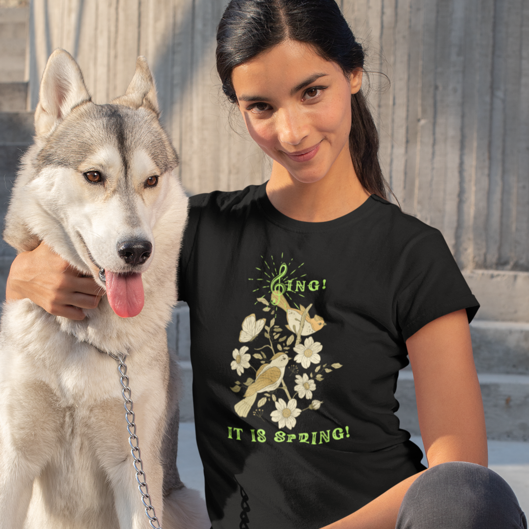 SING IT IS SPRING UNISEX CREW NECK TEE SHIRT WITH GREEN FONT