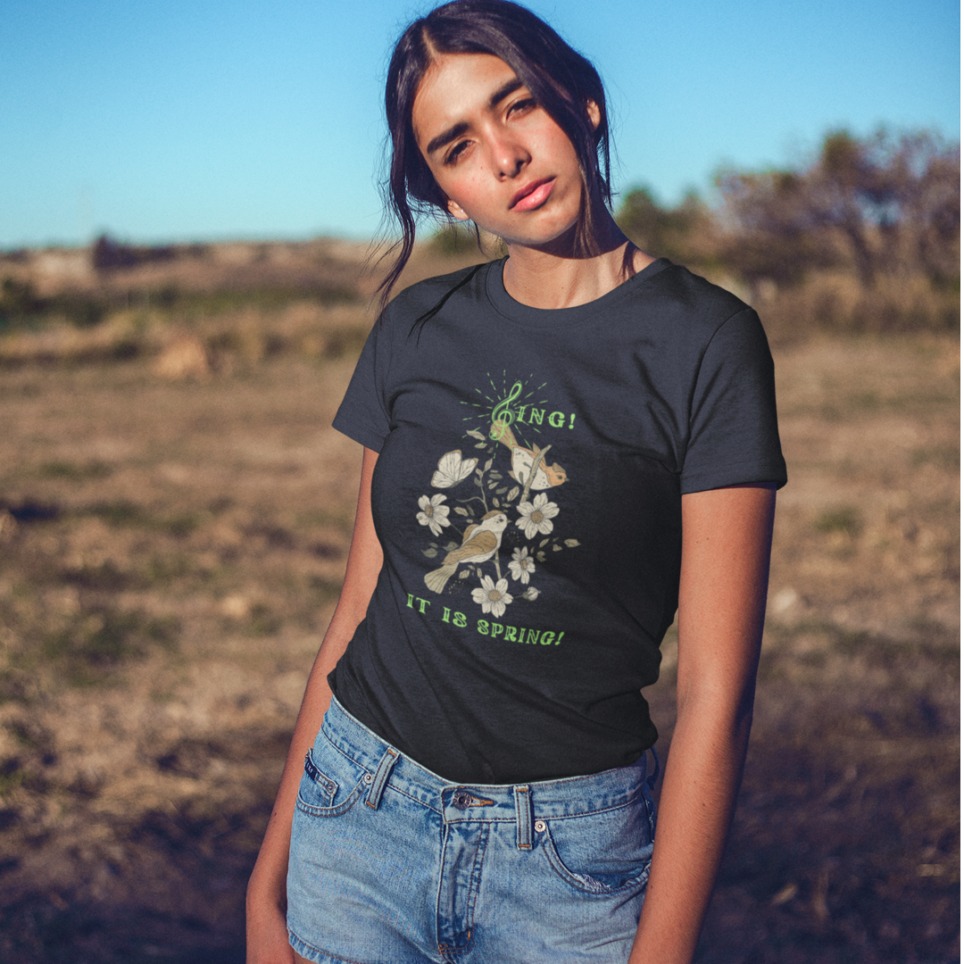 SING IT IS SPRING UNISEX CREW NECK TEE SHIRT WITH GREEN FONT