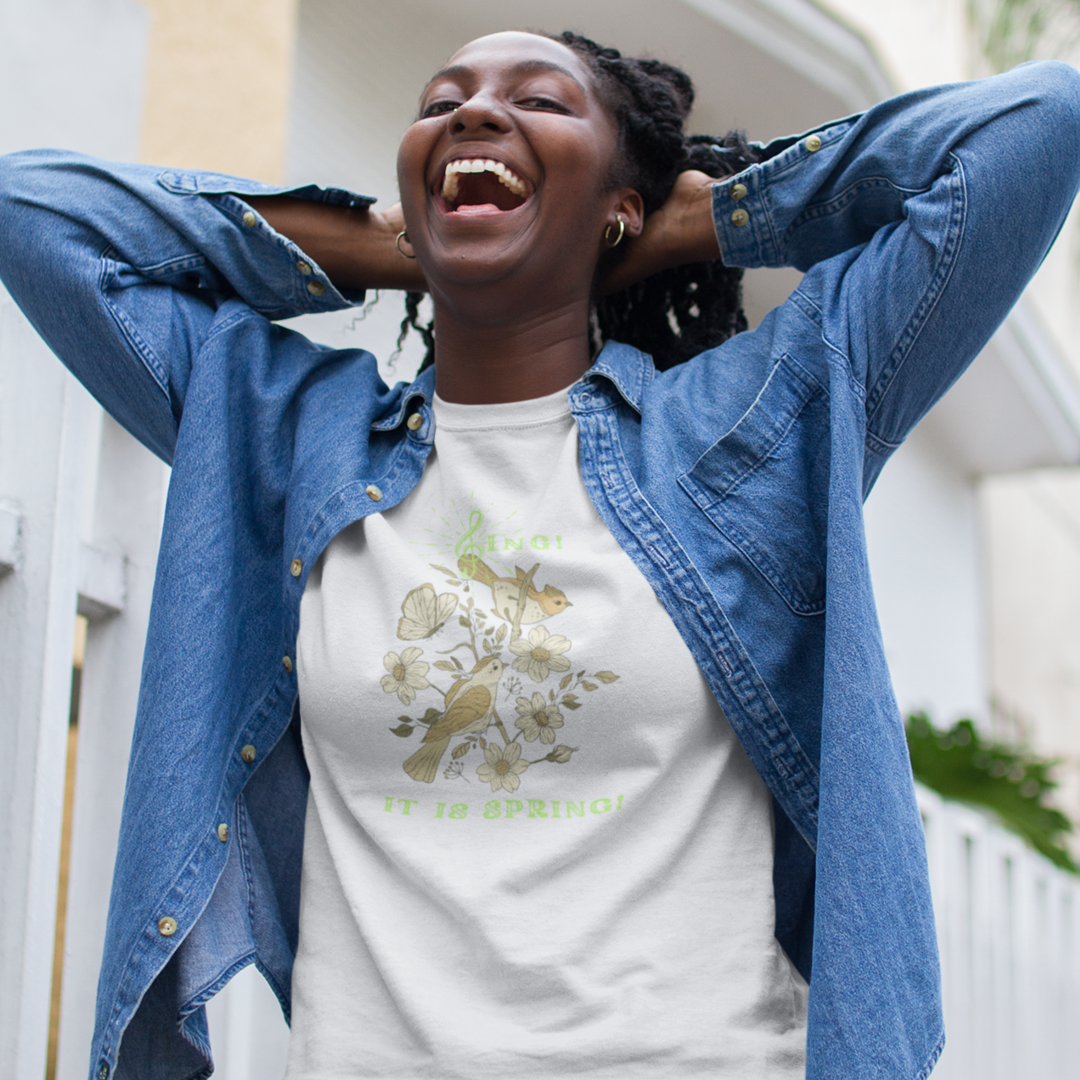 SING IT IS SPRING UNISEX CREW NECK TEE SHIRT WITH GREEN FONT